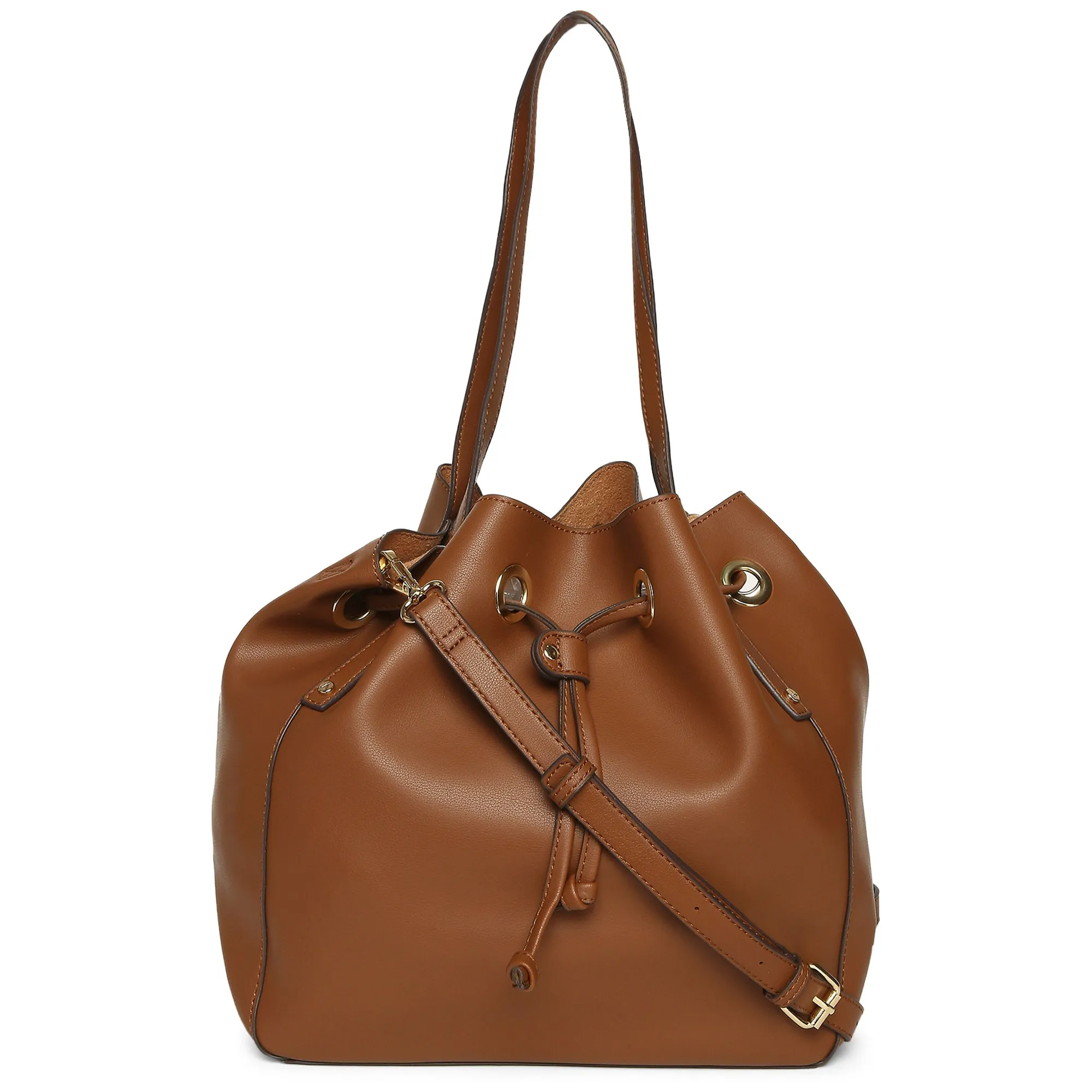 Accessorize London Women's Faux Leather Tan Eyelet Drawstring Bag