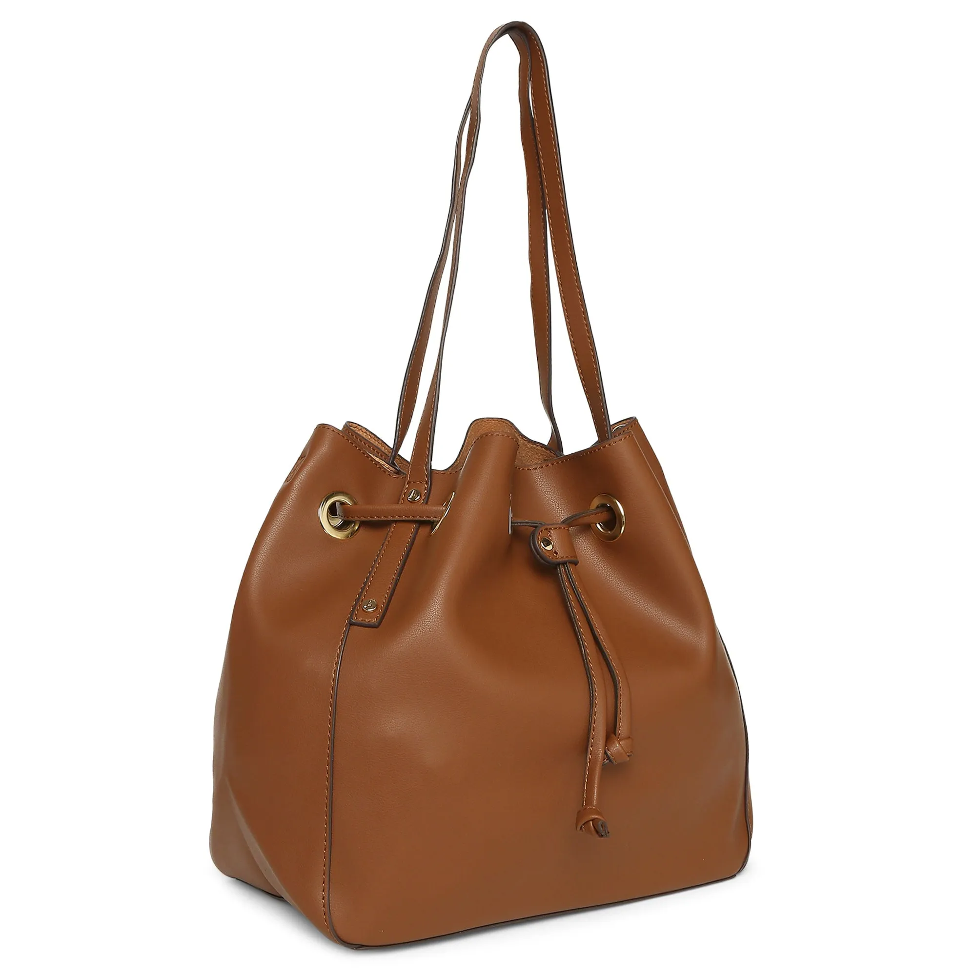 Accessorize London Women's Faux Leather Tan Eyelet Drawstring Bag