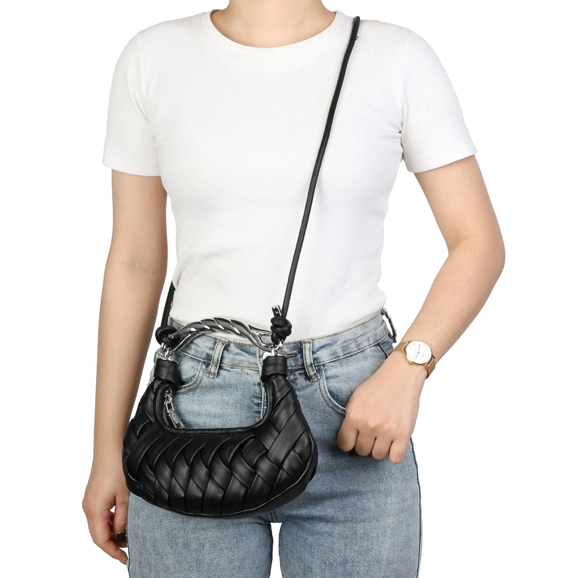 Braided Handle Mini Crescent Bag