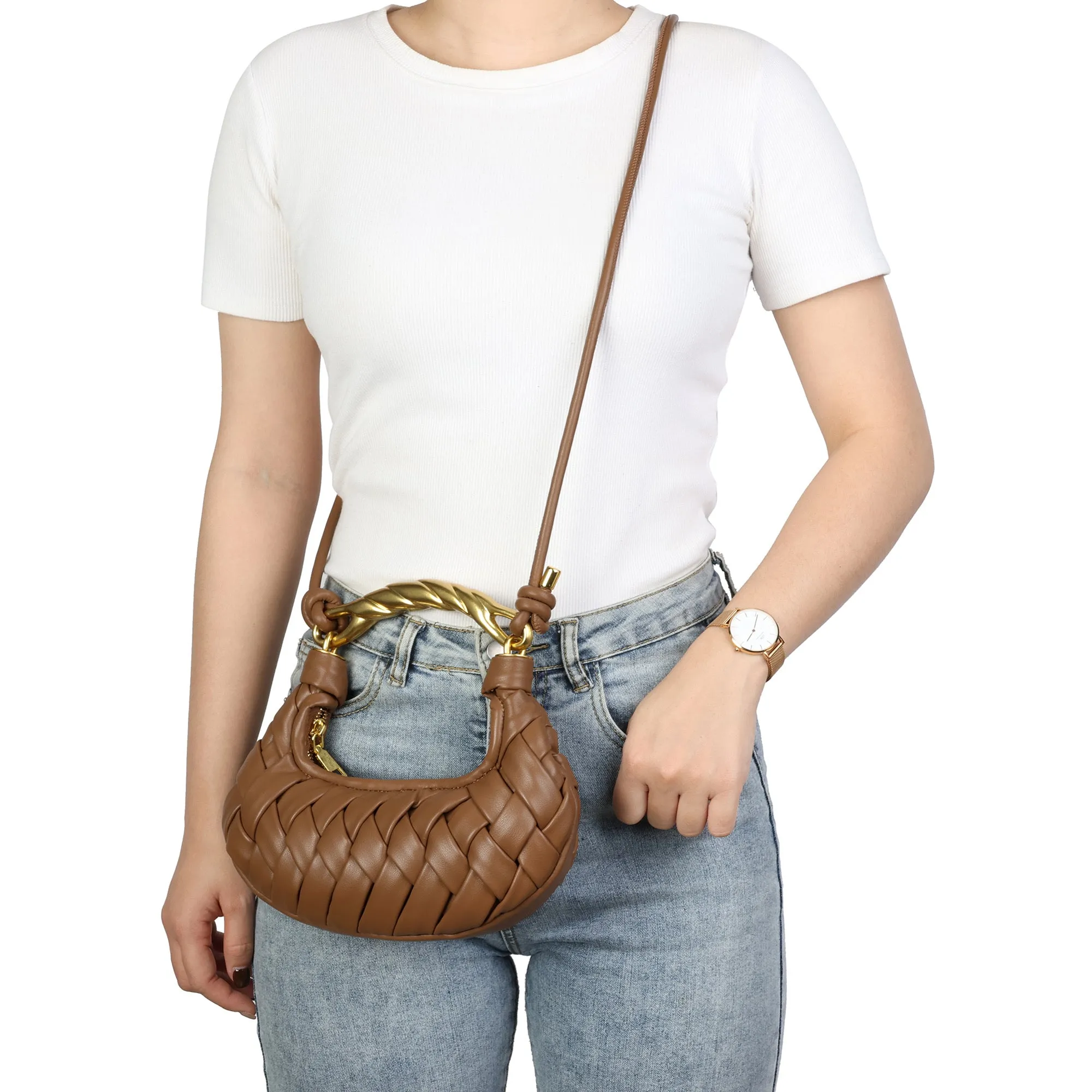 Braided Handle Mini Crescent Bag