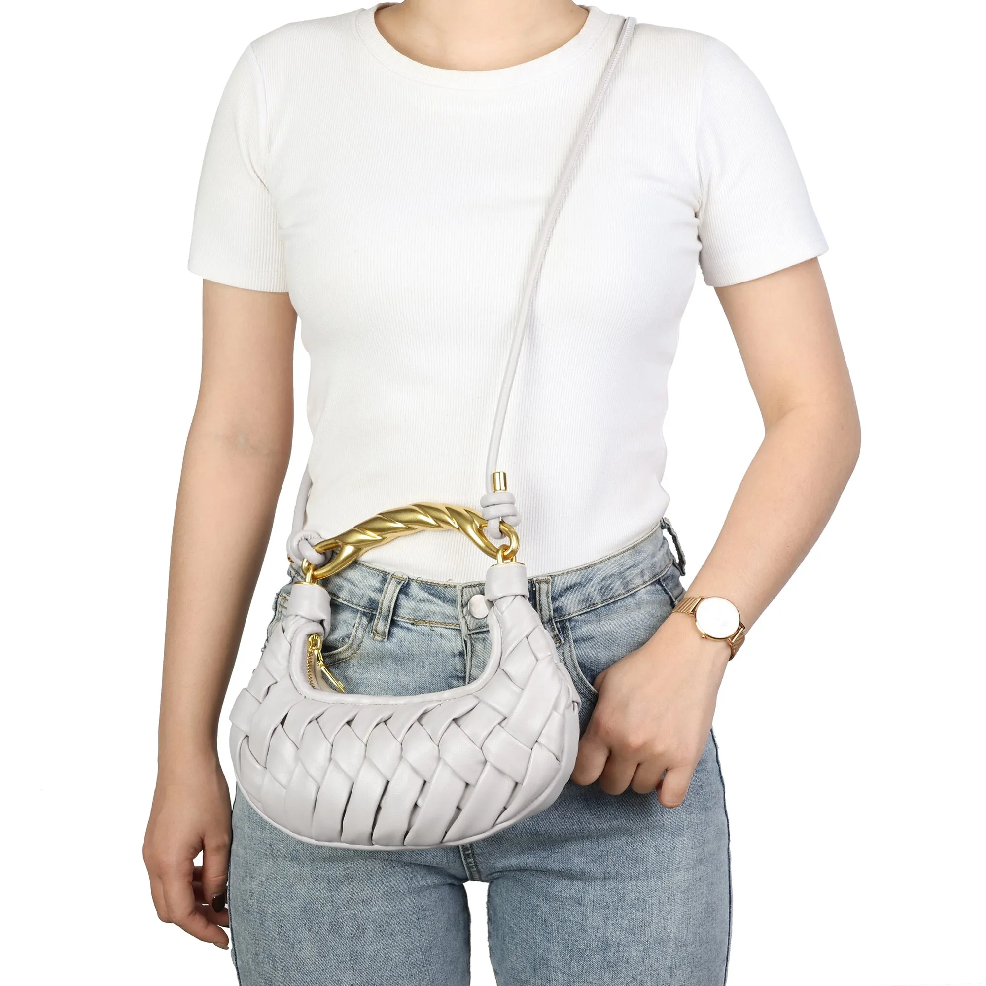 Braided Handle Mini Crescent Bag