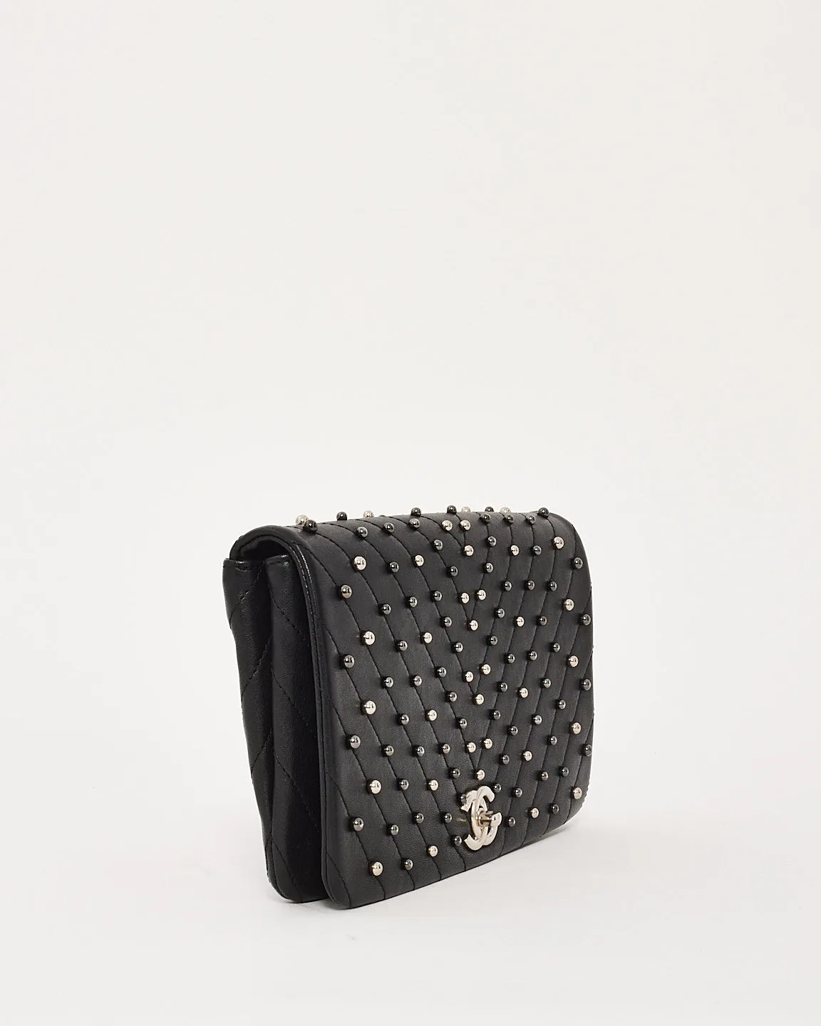 Chanel Black Lambskin Studded Leather Chevron Wars Flap Clutch