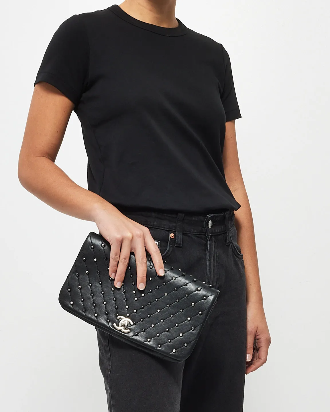 Chanel Black Lambskin Studded Leather Chevron Wars Flap Clutch