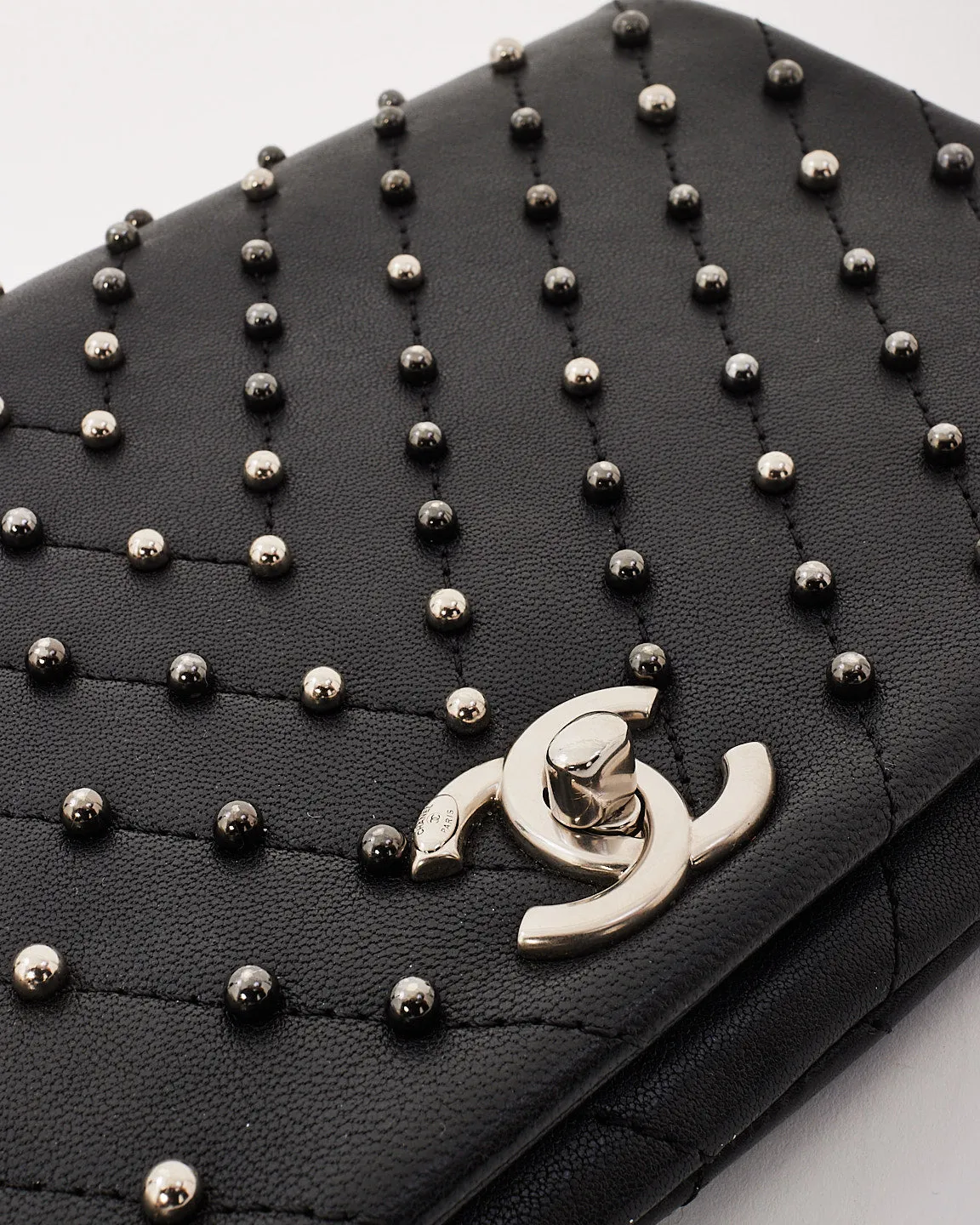 Chanel Black Lambskin Studded Leather Chevron Wars Flap Clutch