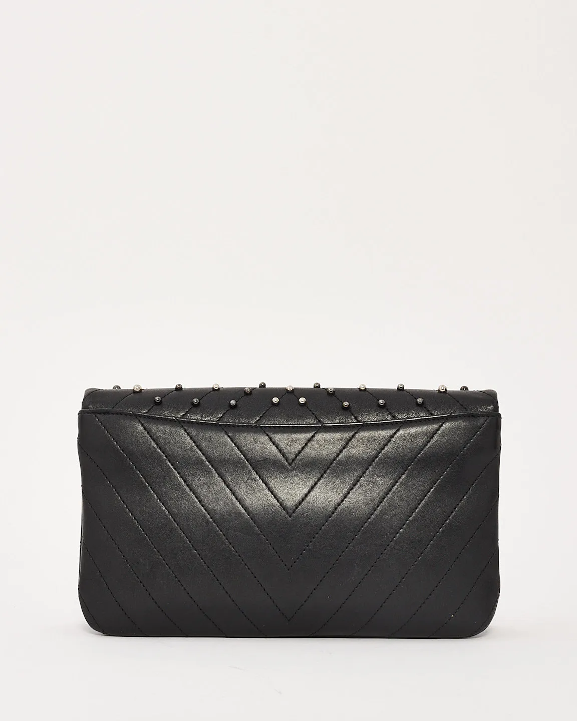 Chanel Black Lambskin Studded Leather Chevron Wars Flap Clutch