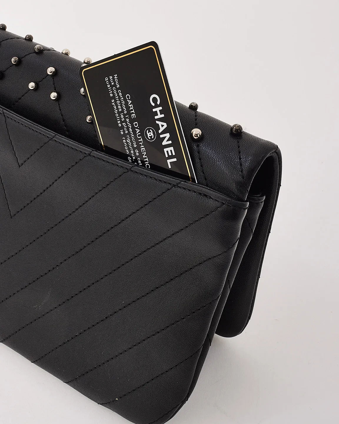 Chanel Black Lambskin Studded Leather Chevron Wars Flap Clutch