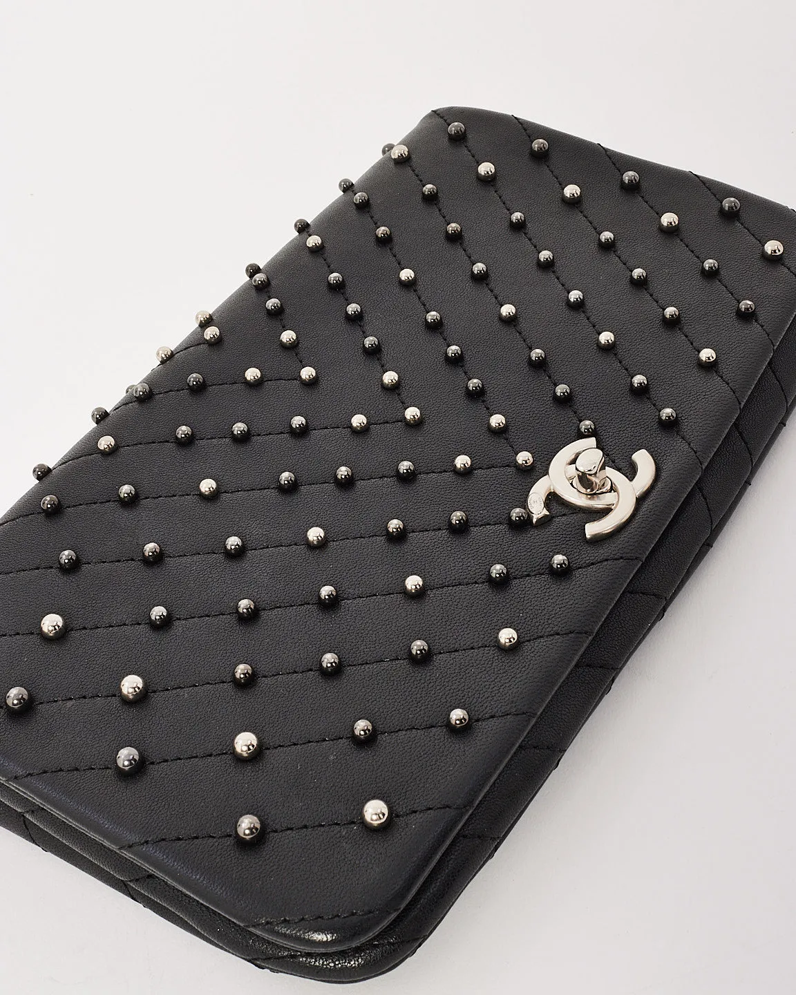 Chanel Black Lambskin Studded Leather Chevron Wars Flap Clutch
