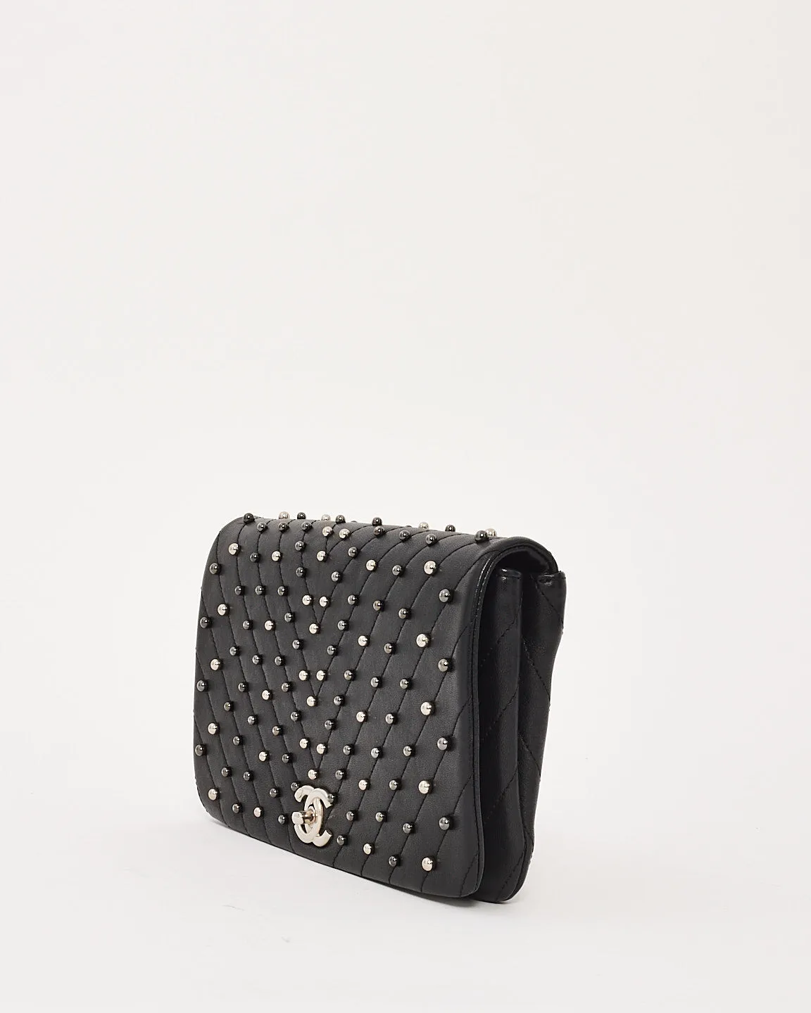 Chanel Black Lambskin Studded Leather Chevron Wars Flap Clutch
