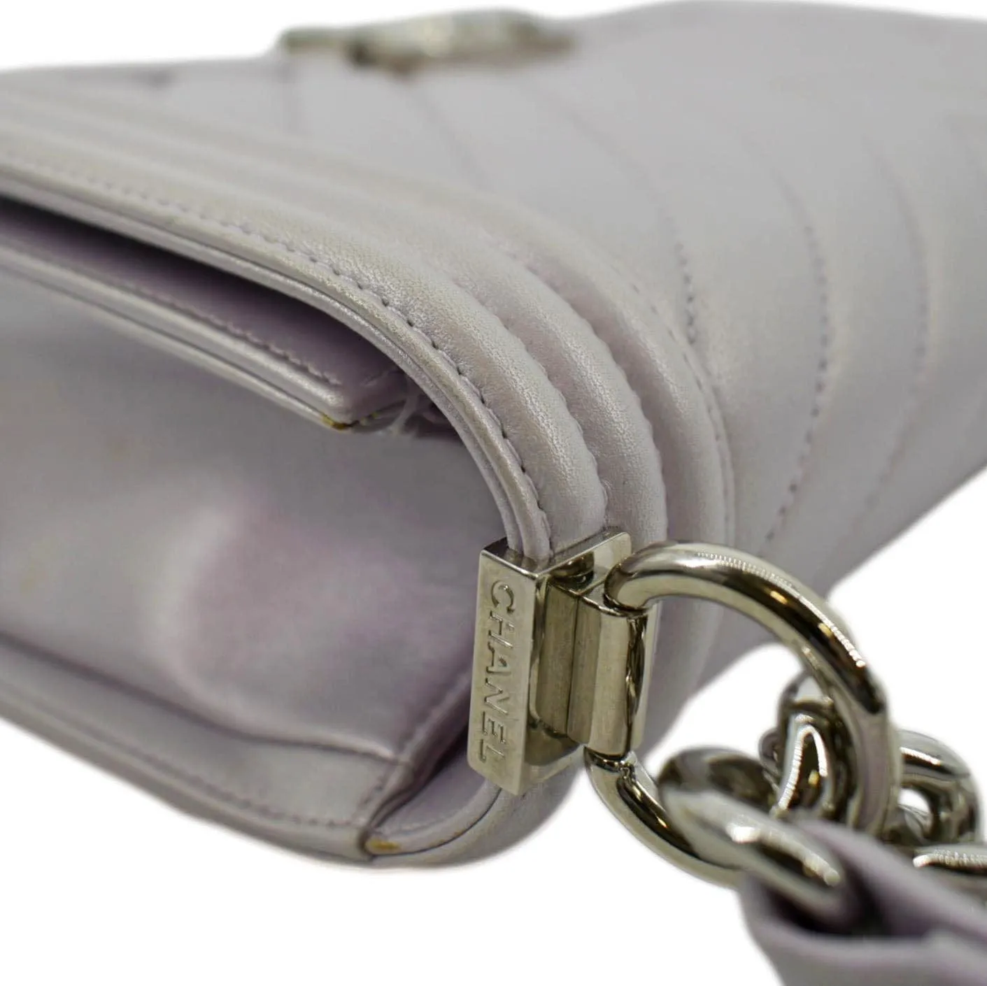 CHANEL Medium Boy Flap Metallic Chevron Shoulder Bag Light Purple