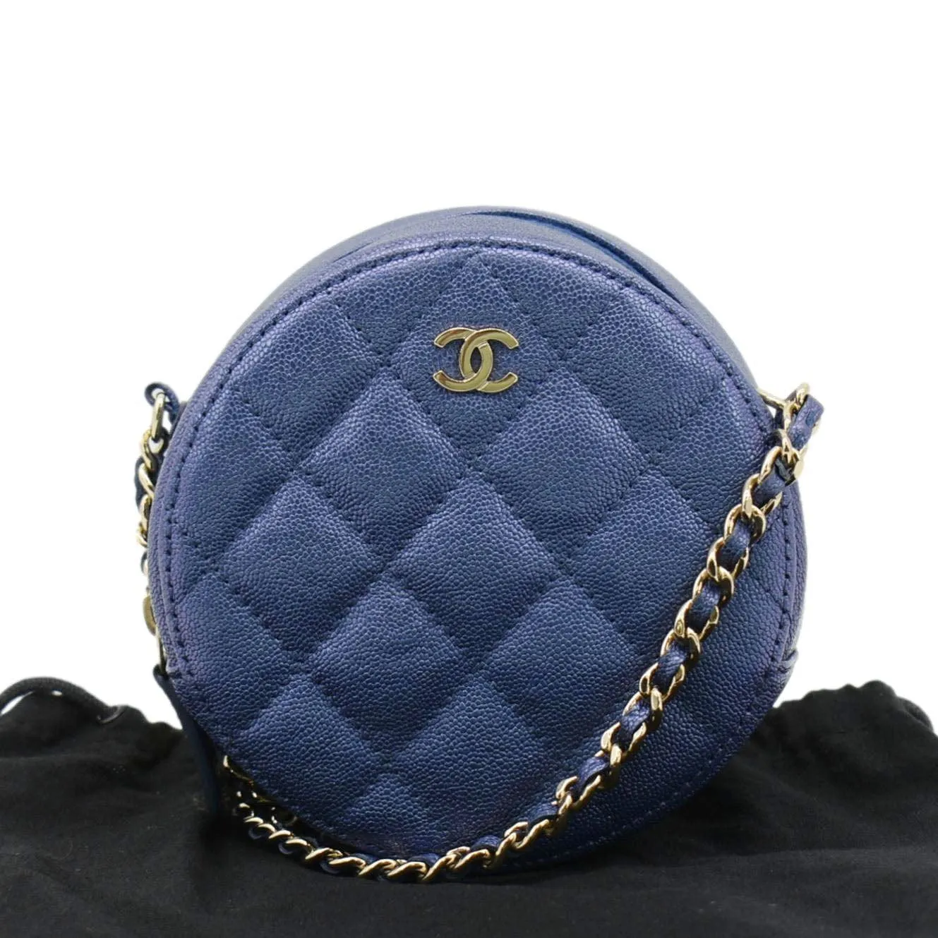 CHANEL Round Clutch with Chain Mini Quilted Iridescent Caviar Leather Crossbody Bag Shiny Blue