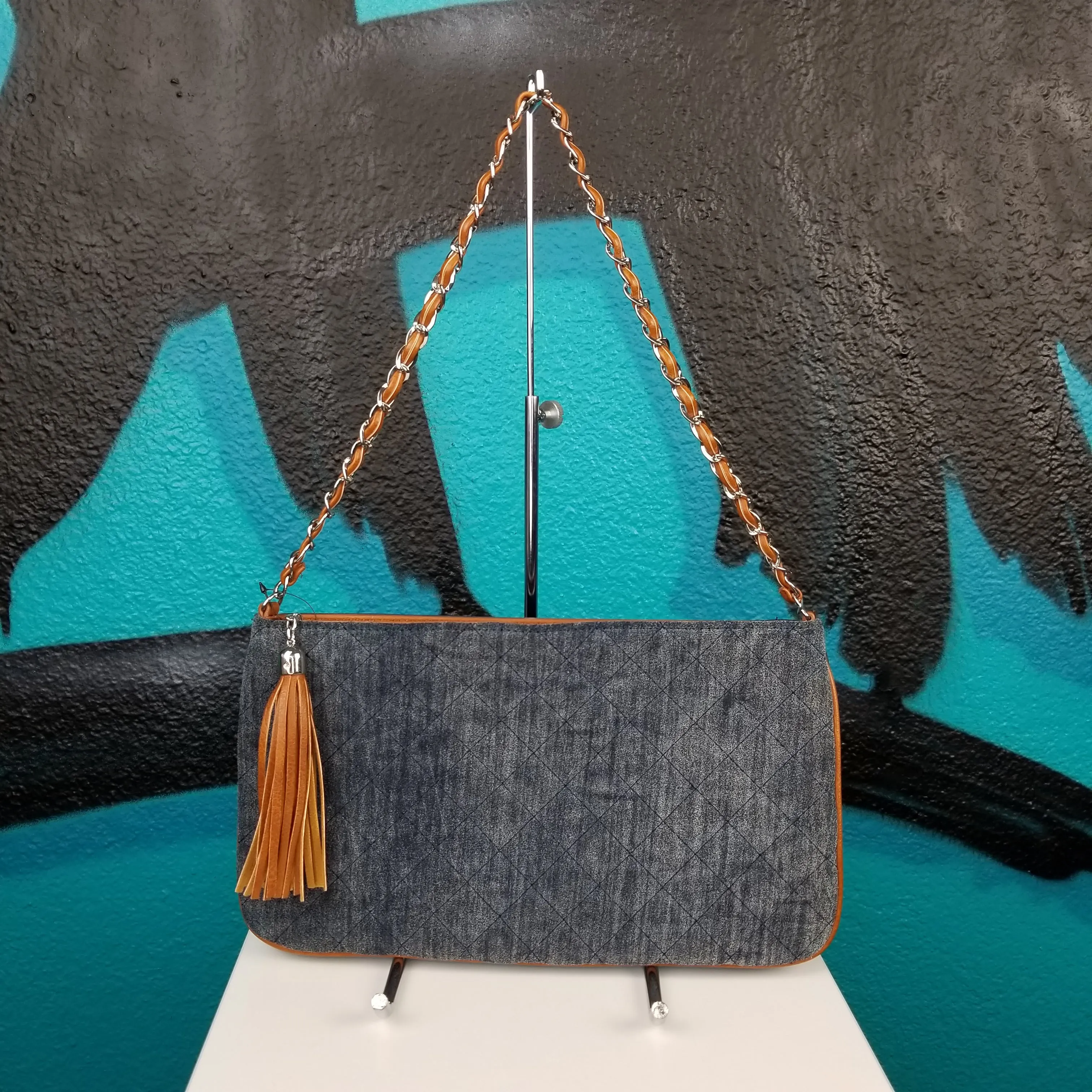 Chicos Blue Quilted Fringe Crossbody