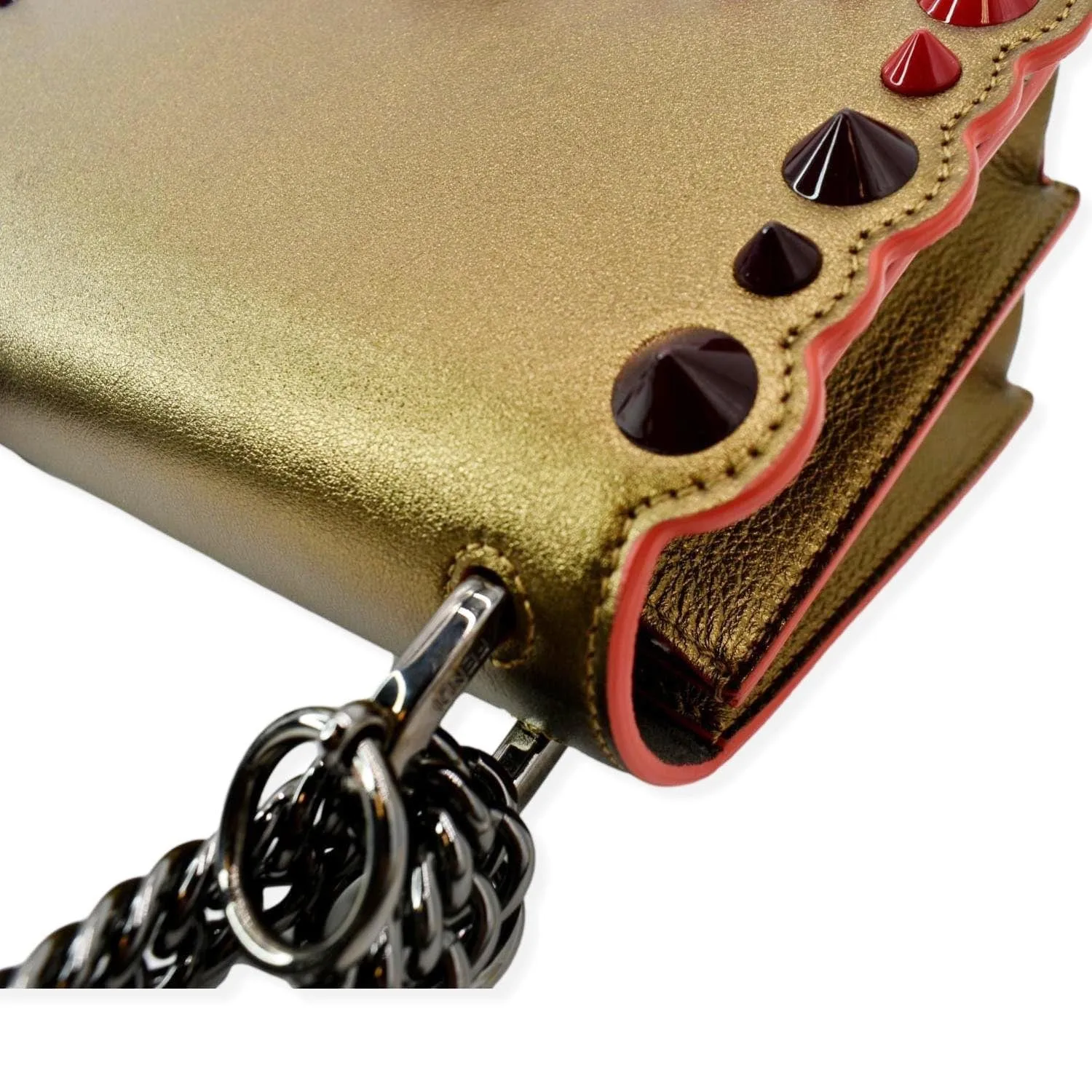 FENDI Kan I Small Studded Metallic Leather Chain Shoulder Bag Gold