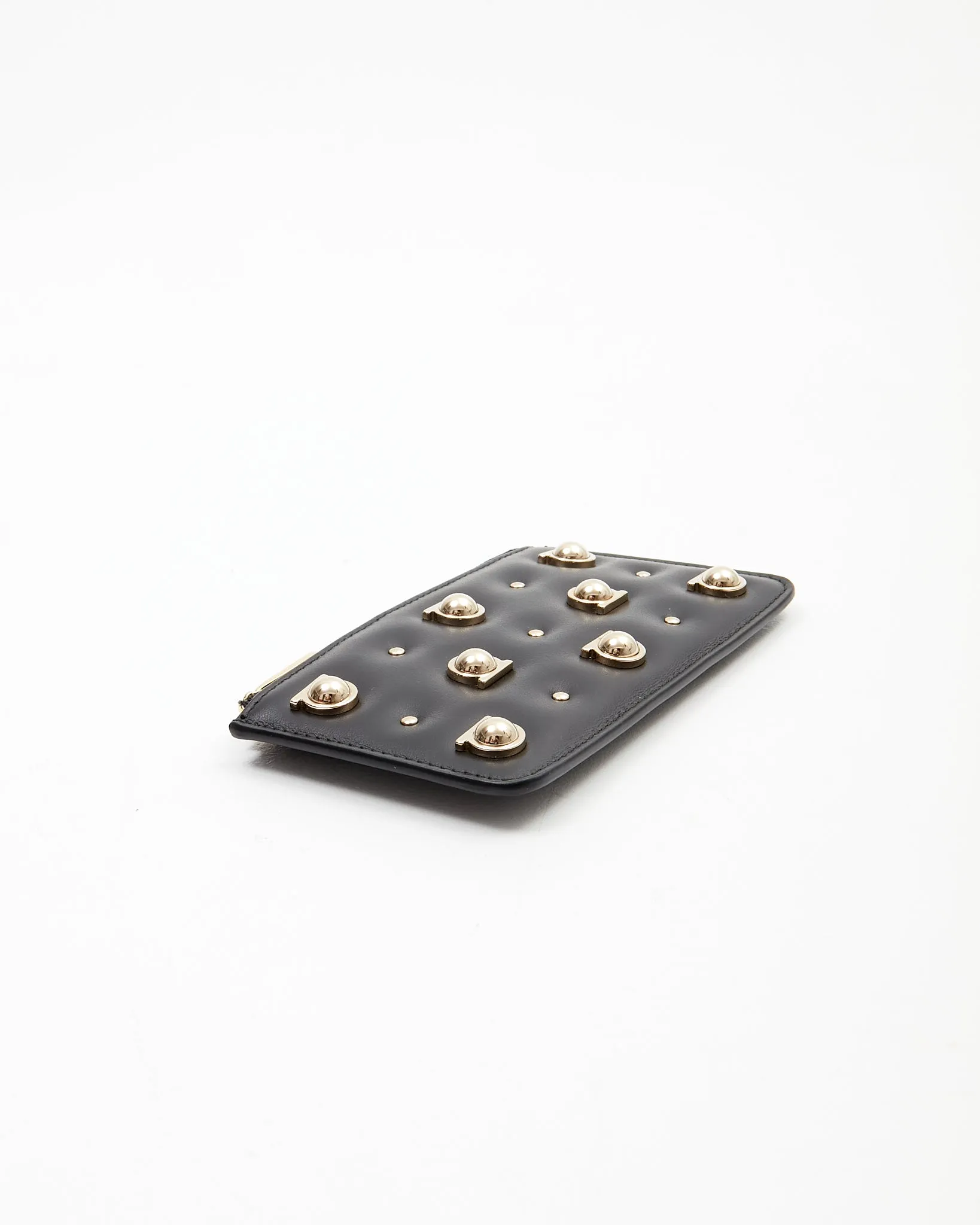 Ferragamo Black Leather Gancini Studded Chain Card Holder