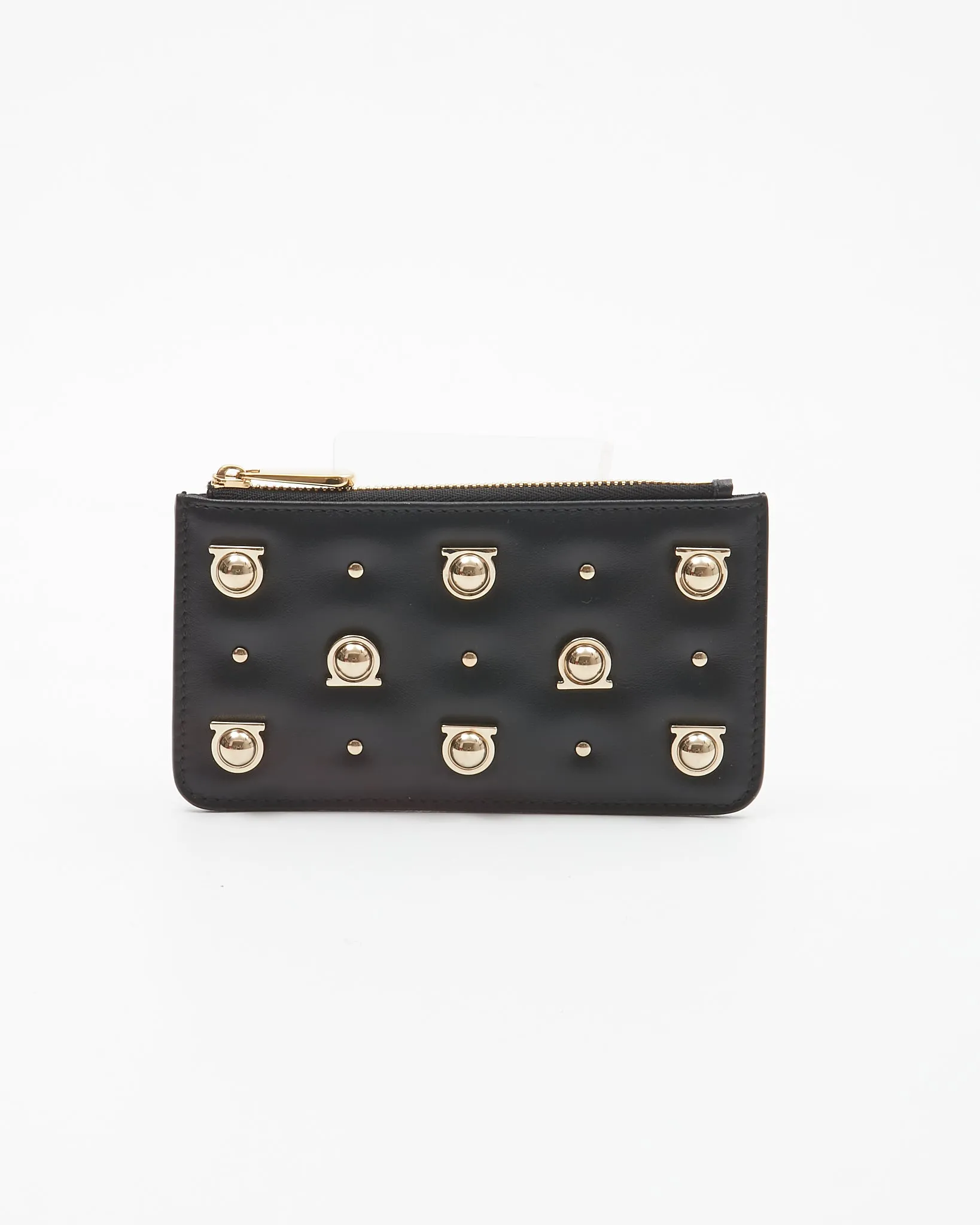 Ferragamo Black Leather Gancini Studded Chain Card Holder