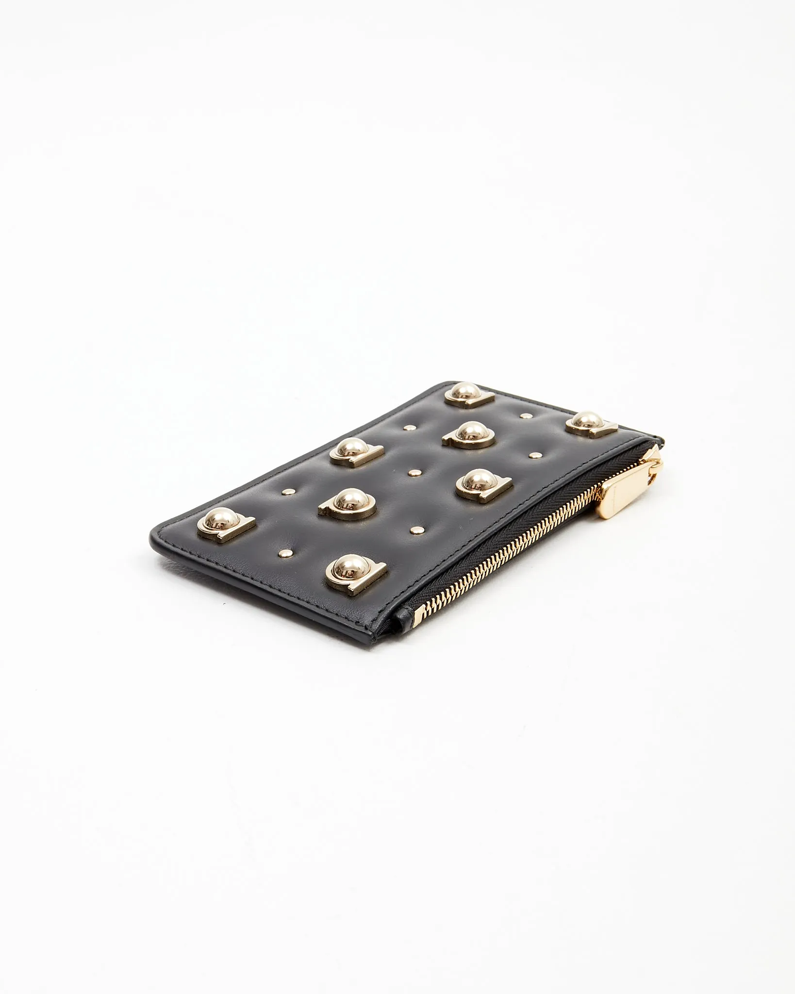Ferragamo Black Leather Gancini Studded Chain Card Holder