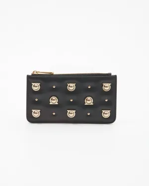 Ferragamo Black Leather Gancini Studded Chain Card Holder