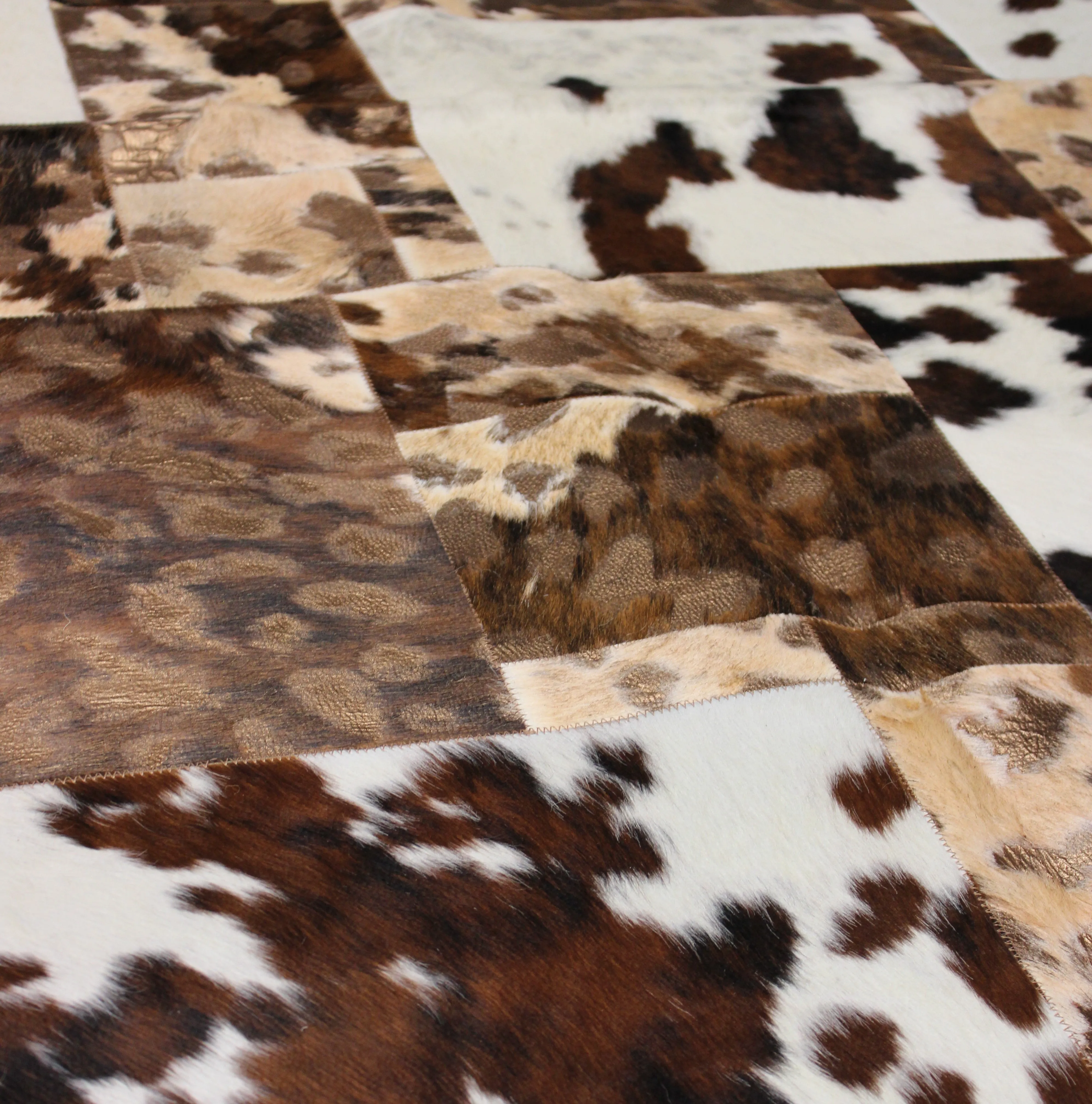 GOLD Metallic On Tricolor Patchwork Cowhide Rug – 7.2ftx 4.11ft  Premium Cowhide Patchwork Rug