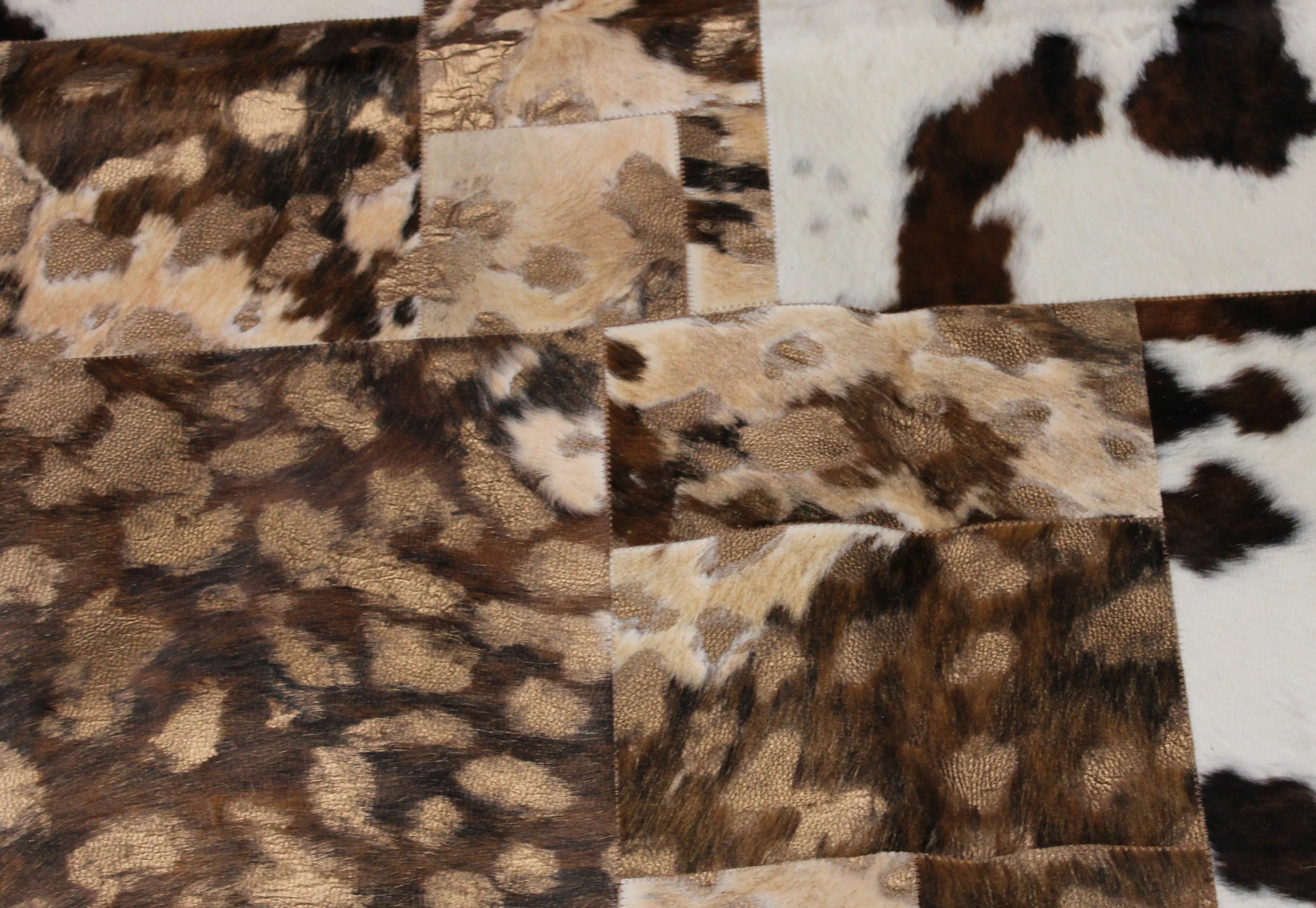 GOLD Metallic On Tricolor Patchwork Cowhide Rug – 7.2ftx 4.11ft  Premium Cowhide Patchwork Rug