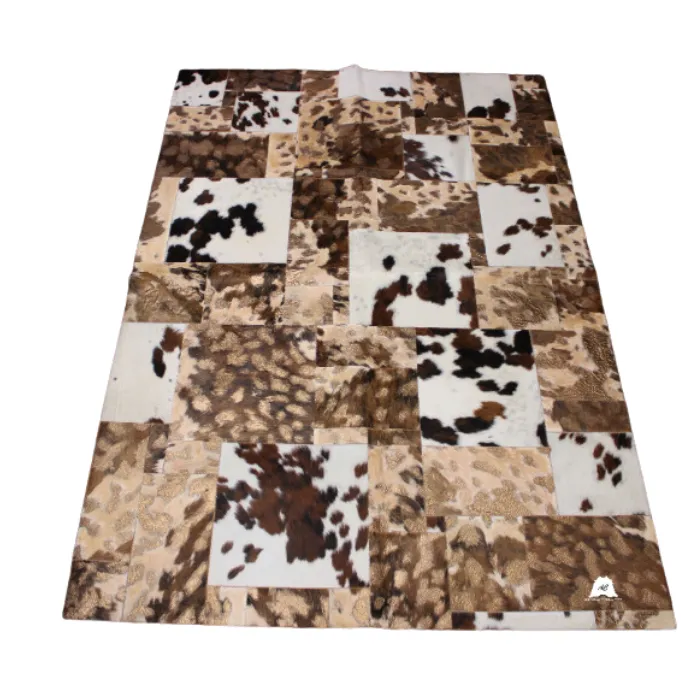 GOLD Metallic On Tricolor Patchwork Cowhide Rug – 7.2ftx 4.11ft  Premium Cowhide Patchwork Rug