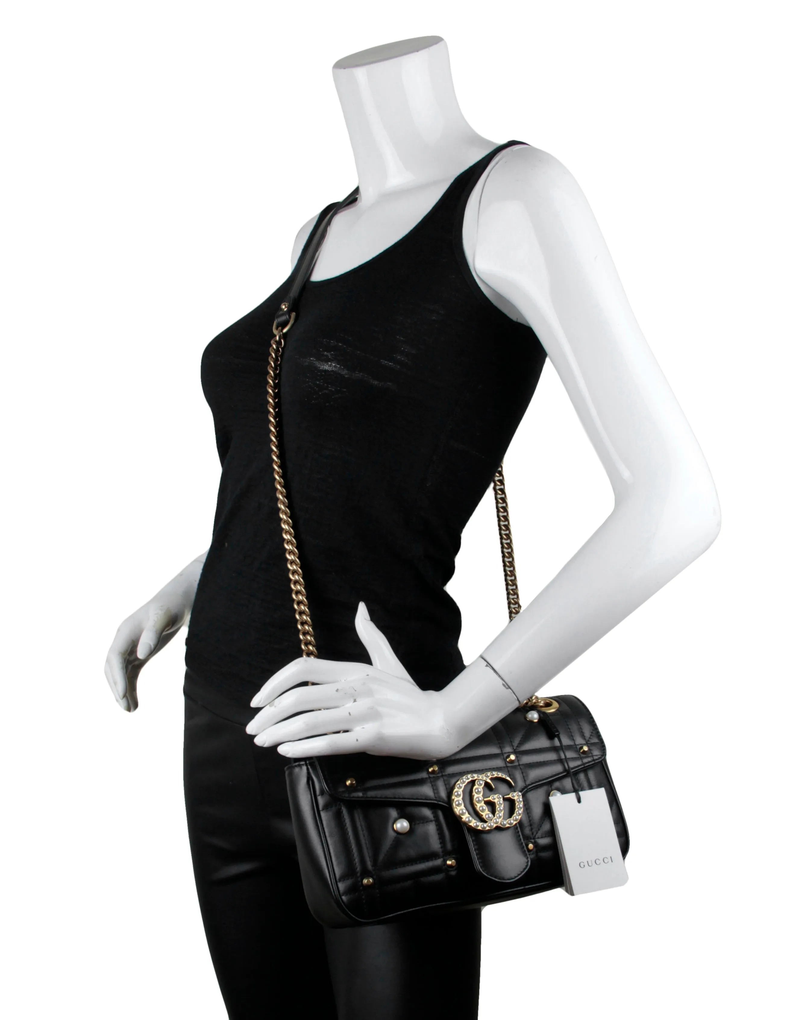 Gucci NWT Black Small GG Marmont Matelassé Pearl Studded Shoulder Bag