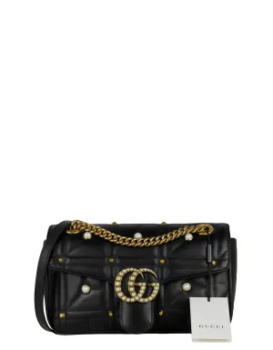 Gucci NWT Black Small GG Marmont Matelassé Pearl Studded Shoulder Bag
