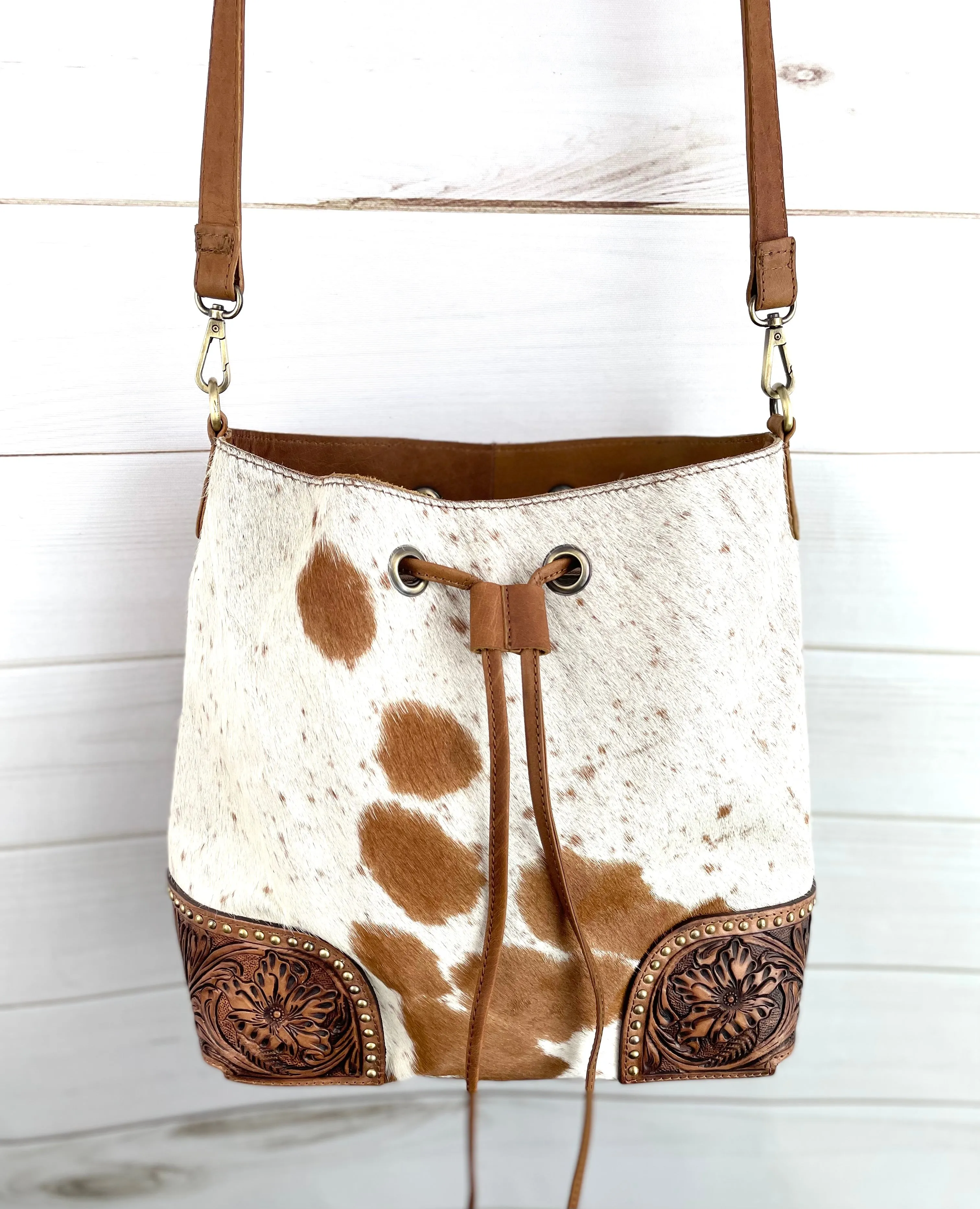 Hide Tooled & Studded Bucket Bag