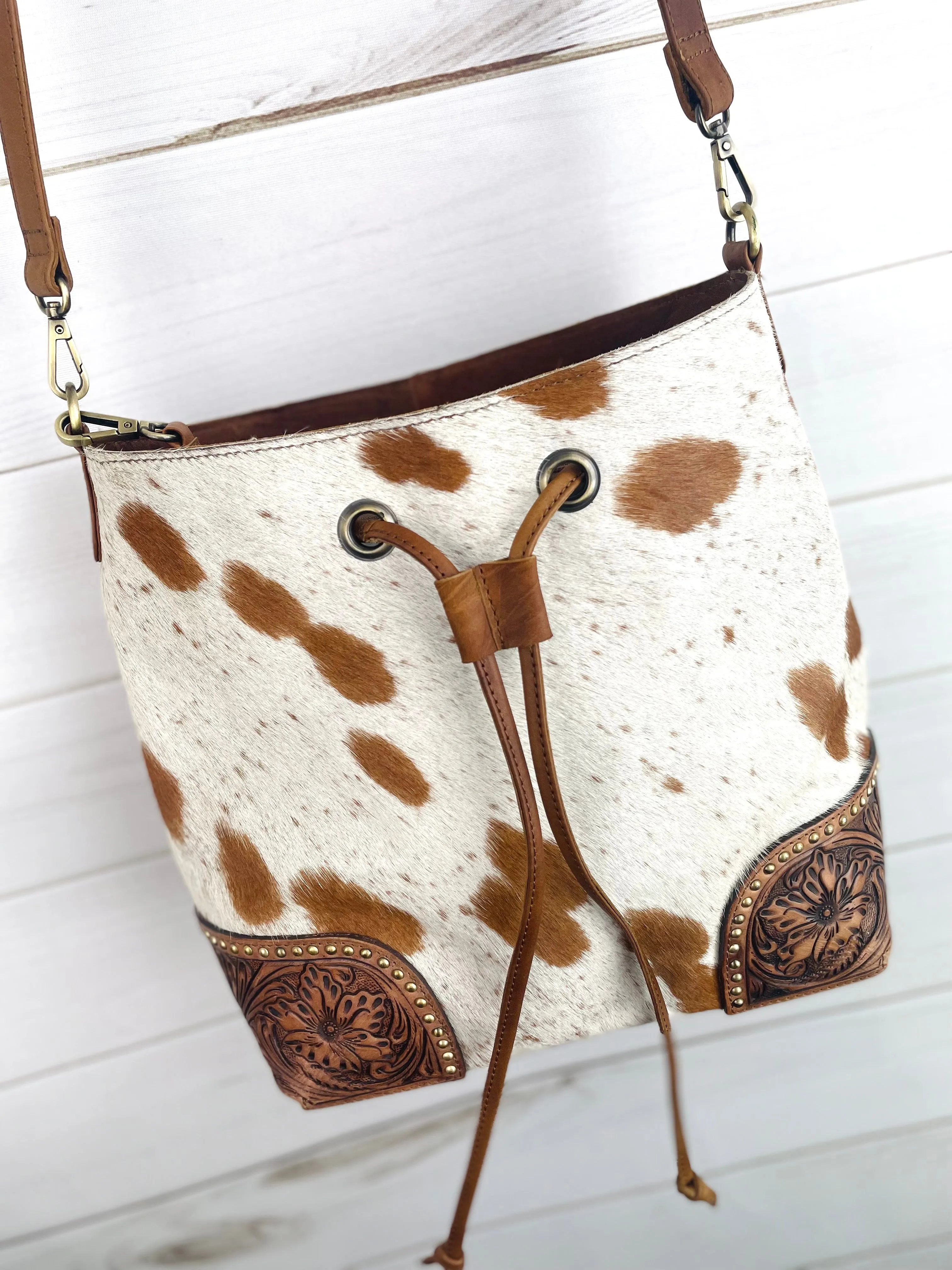 Hide Tooled & Studded Bucket Bag