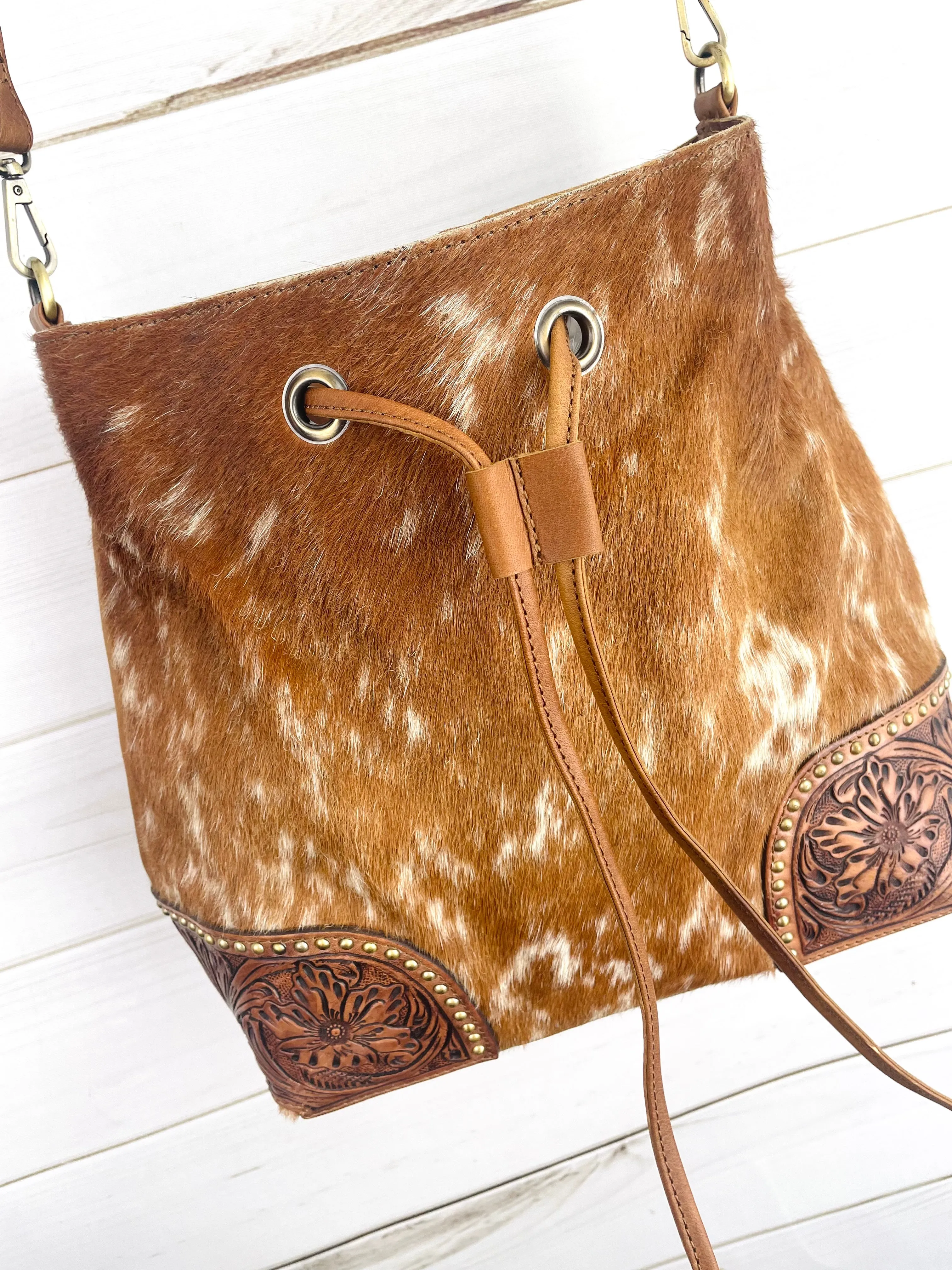 Hide Tooled & Studded Bucket Bag