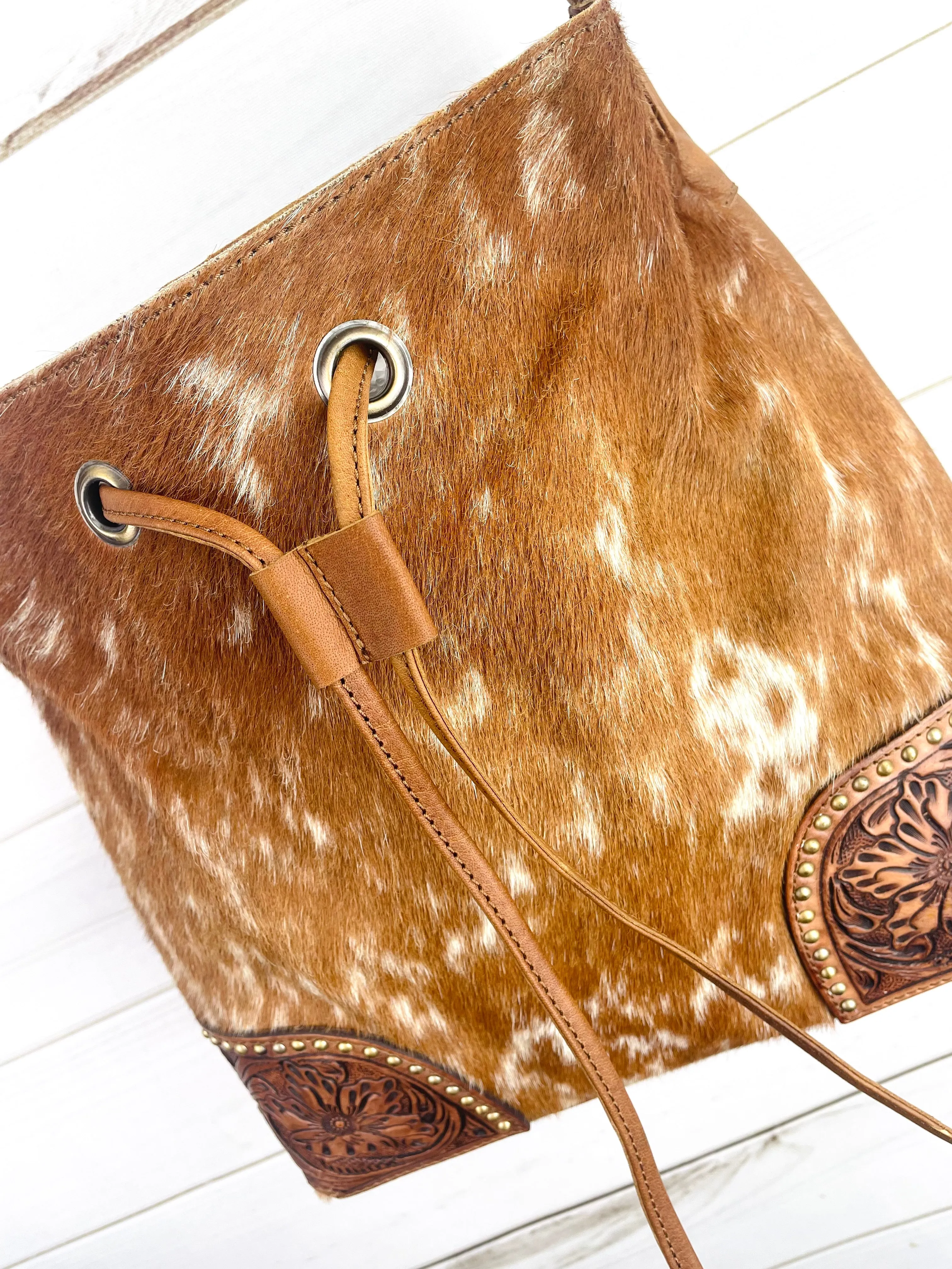 Hide Tooled & Studded Bucket Bag