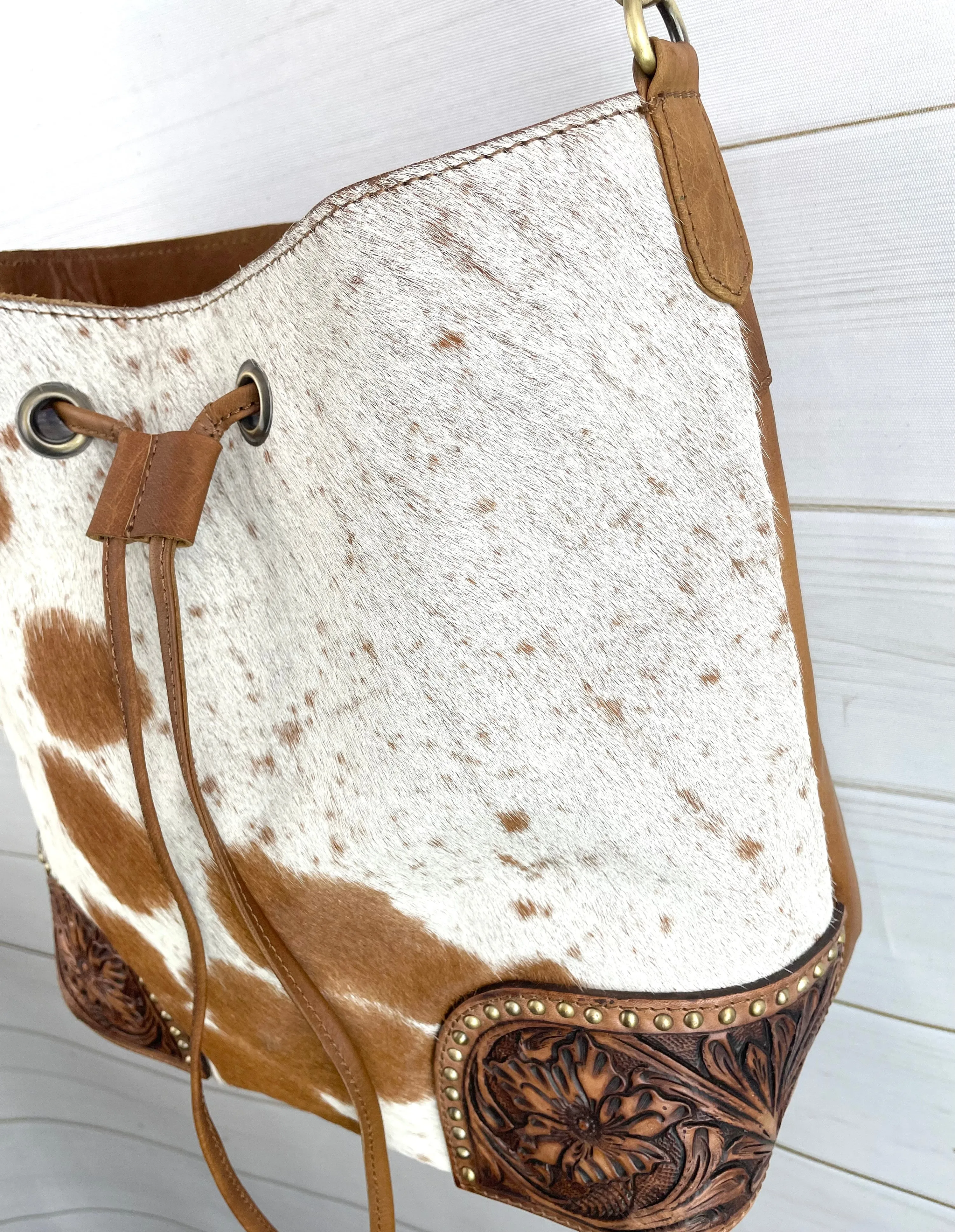 Hide Tooled & Studded Bucket Bag