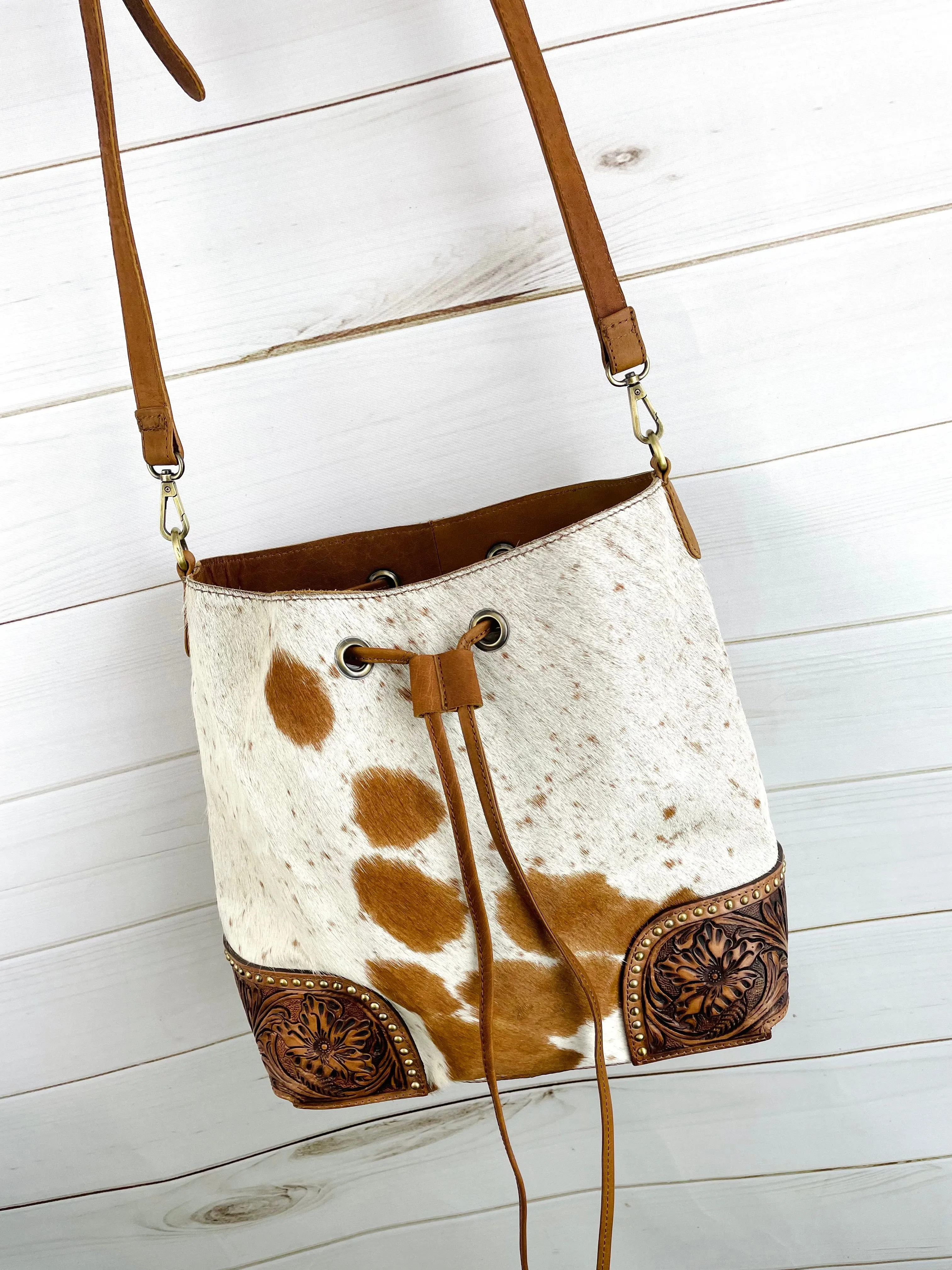Hide Tooled & Studded Bucket Bag