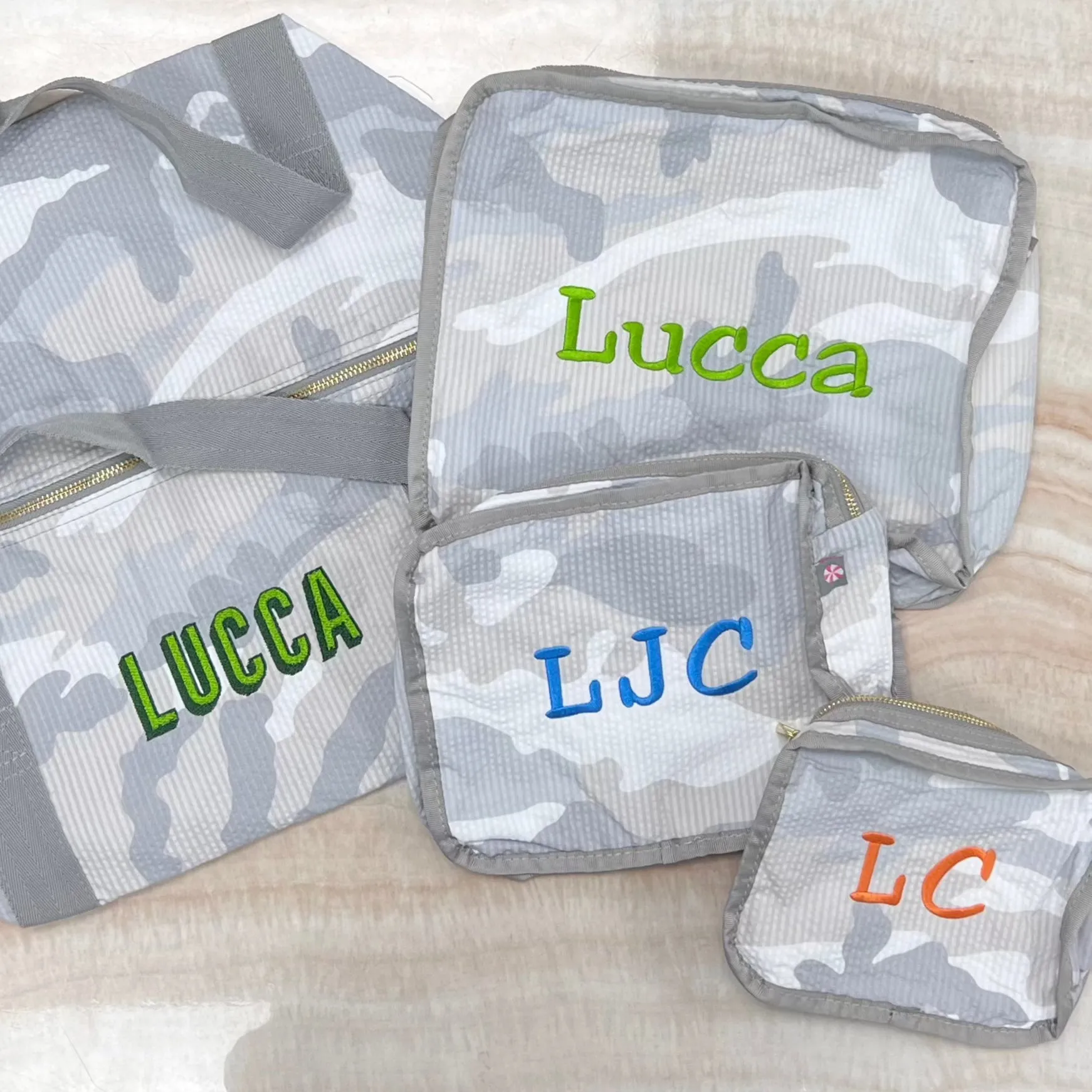 Personalized Seersucker Snow Camo Organizing Trio