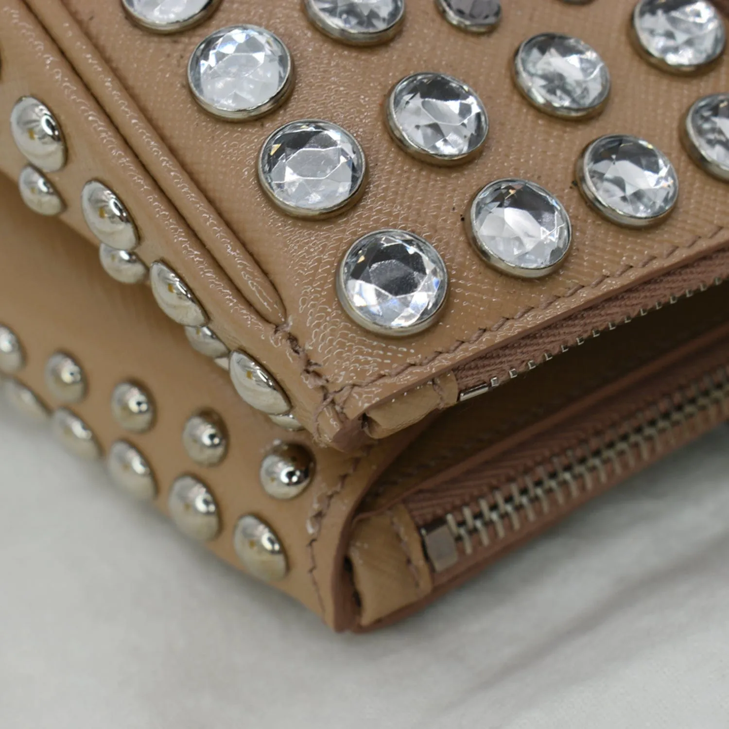 PRADA Women Vernice Crystal Studded Saffiano Leather Top Handle Shoulder Bag Beige
