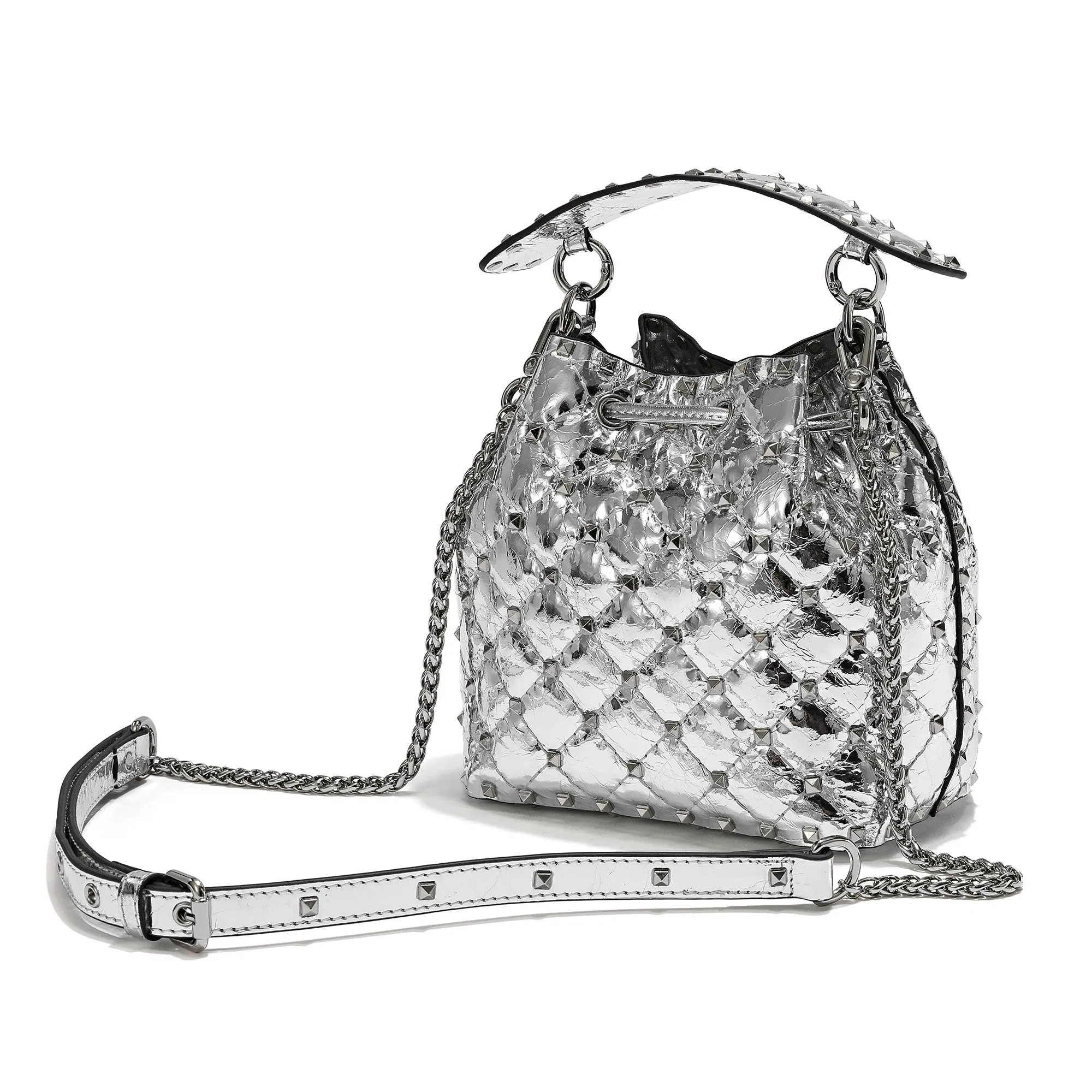 Quilted Studded Lambskin Drawstring Shoulder Bag