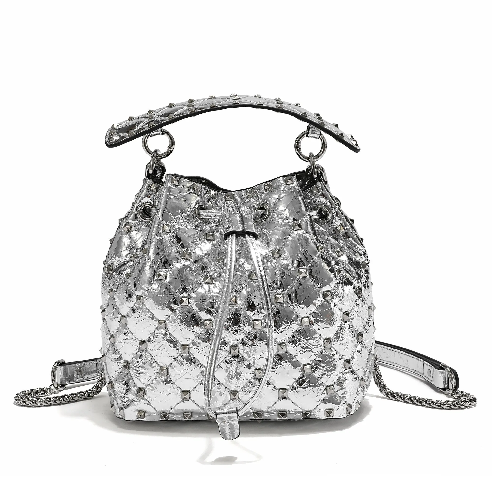 Quilted Studded Lambskin Drawstring Shoulder Bag