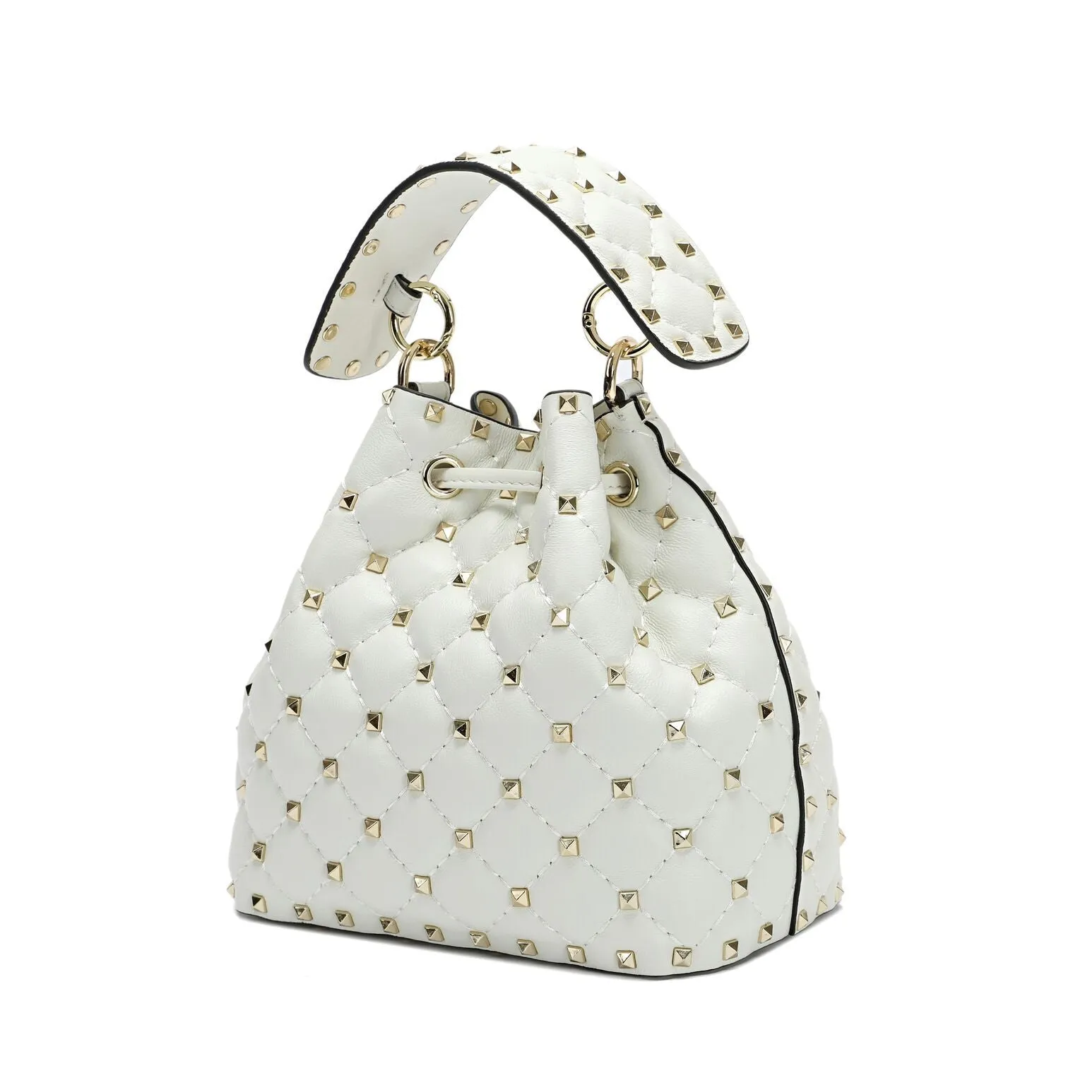 Quilted Studded Lambskin Drawstring Shoulder Bag