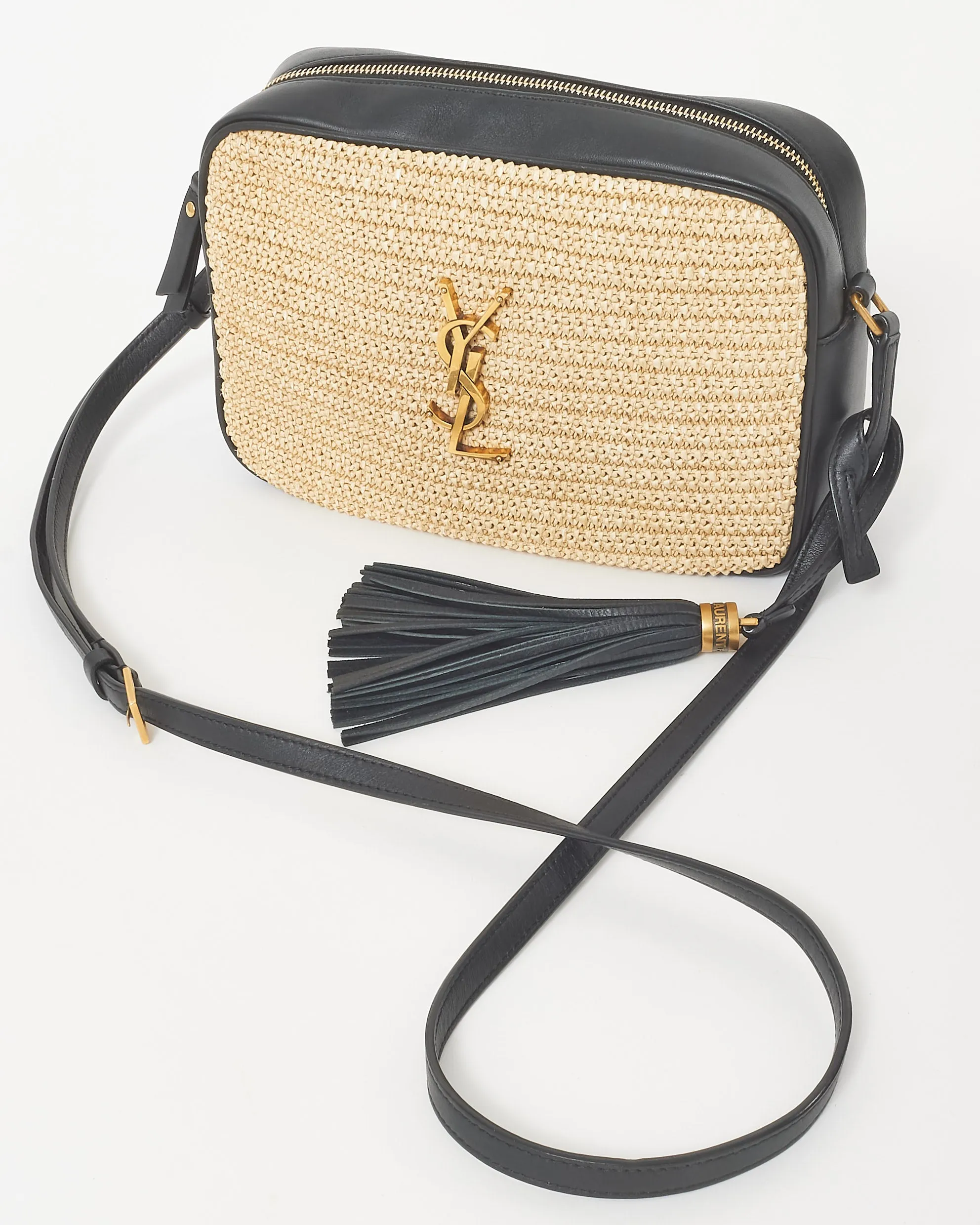 Saint Laurent Beige Raffia & Black Leather GHW Lou Camera Bag