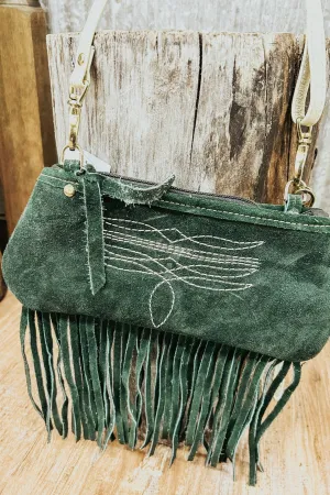Small Green Suede Clutch with Cream Bootstitch