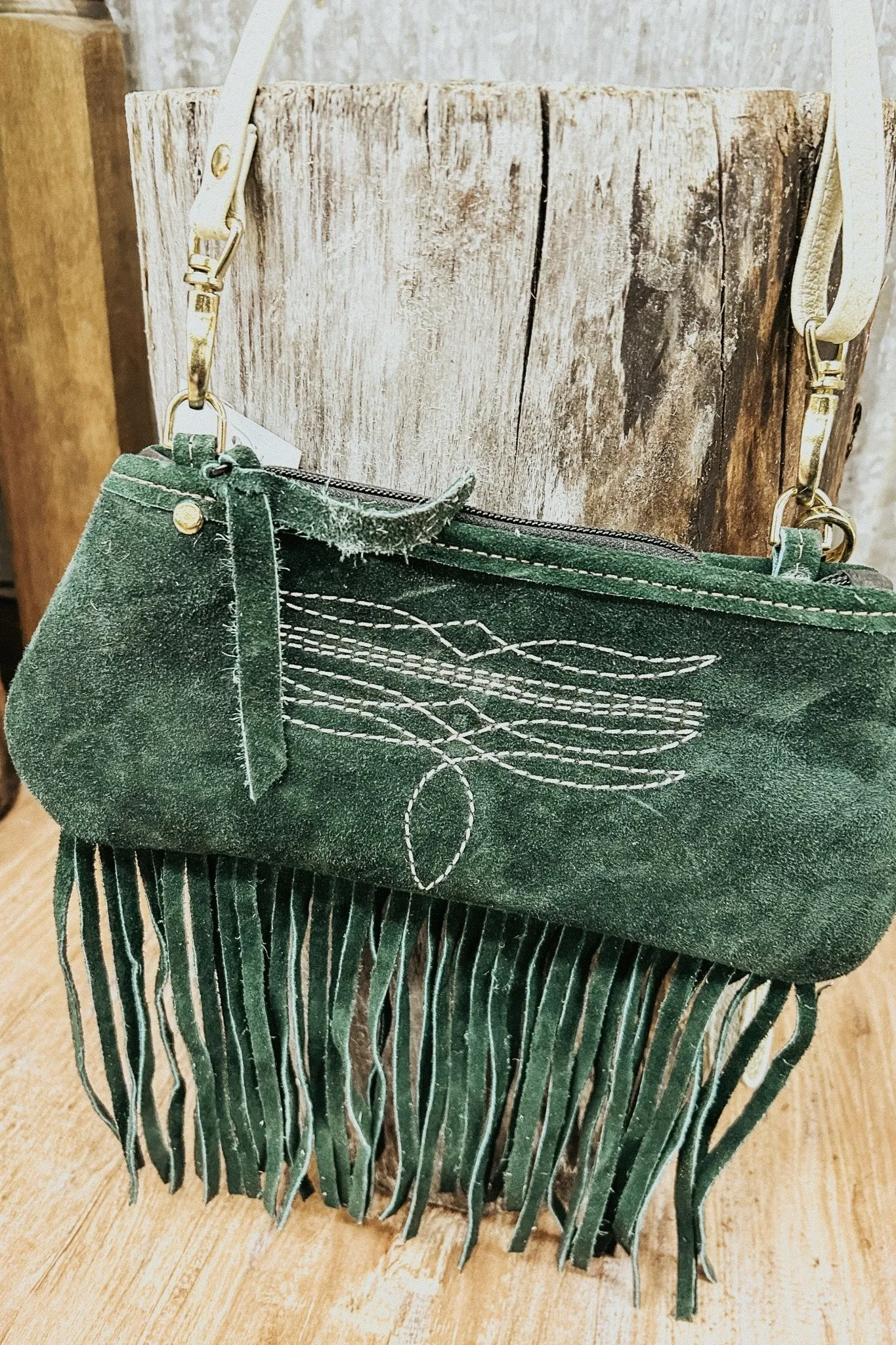 Small Green Suede Clutch with Cream Bootstitch