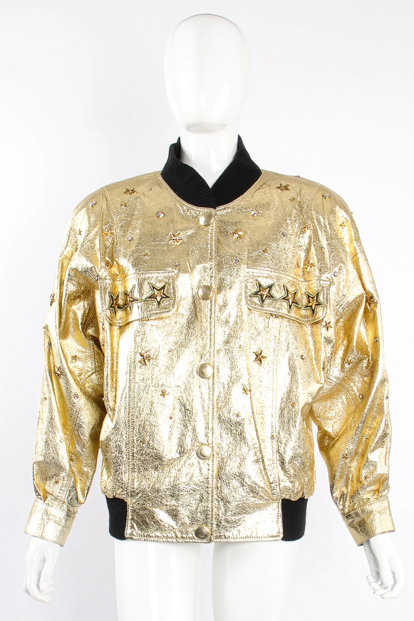 Studded Gold Leather Bomber Jacket