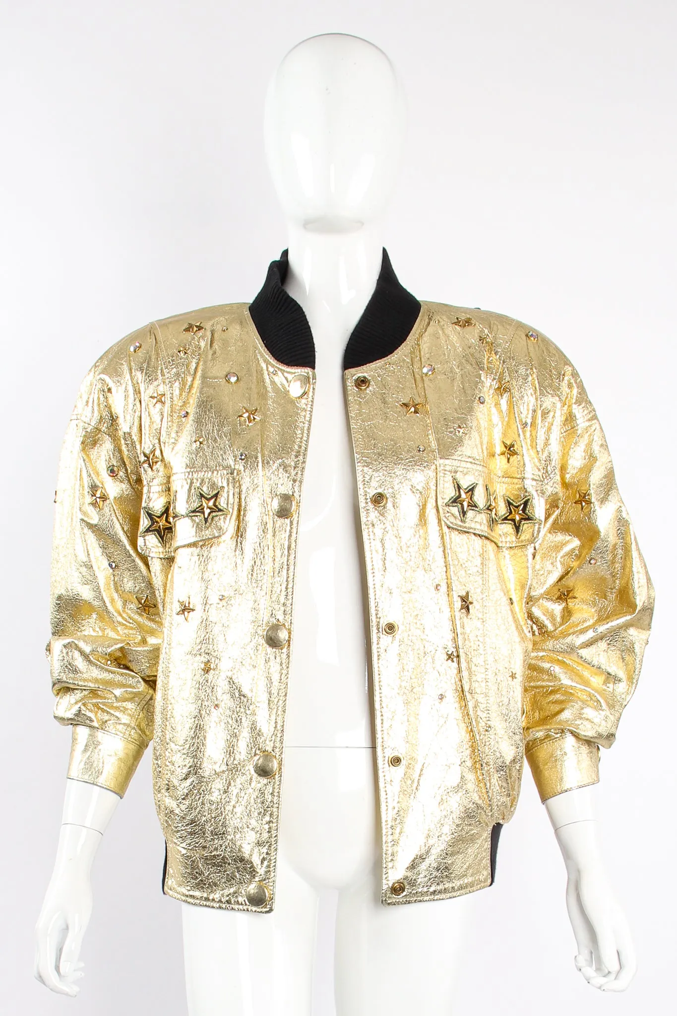 Studded Gold Leather Bomber Jacket