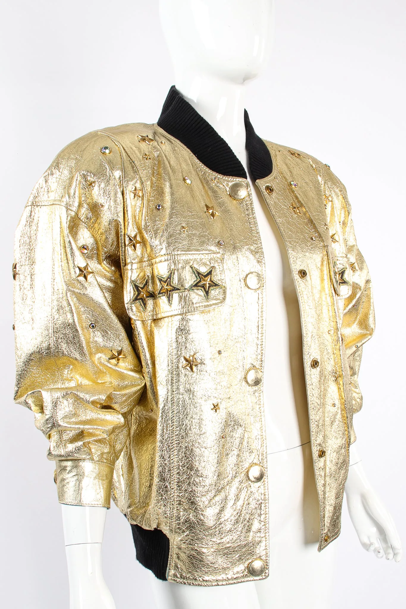 Studded Gold Leather Bomber Jacket