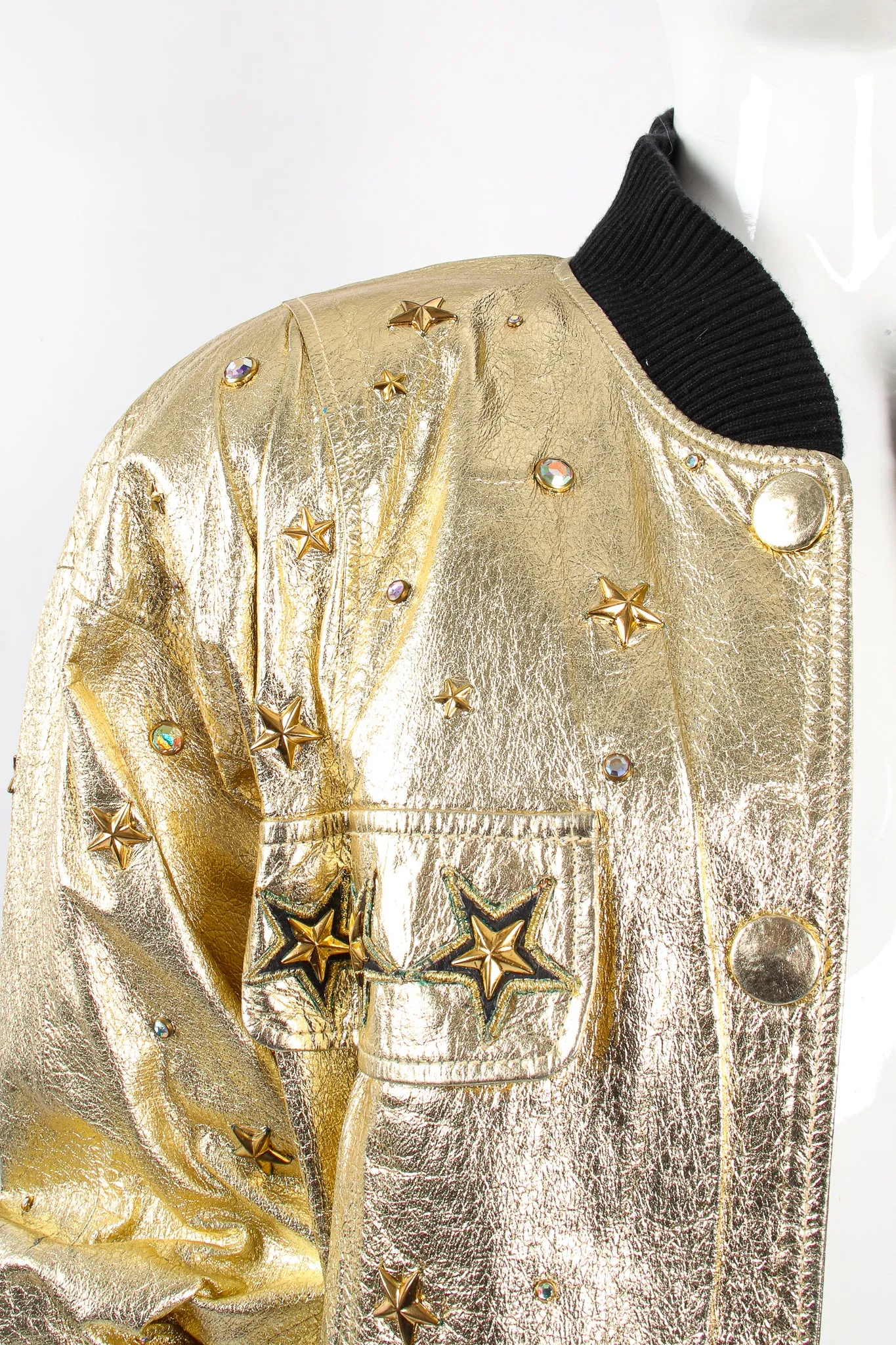 Studded Gold Leather Bomber Jacket