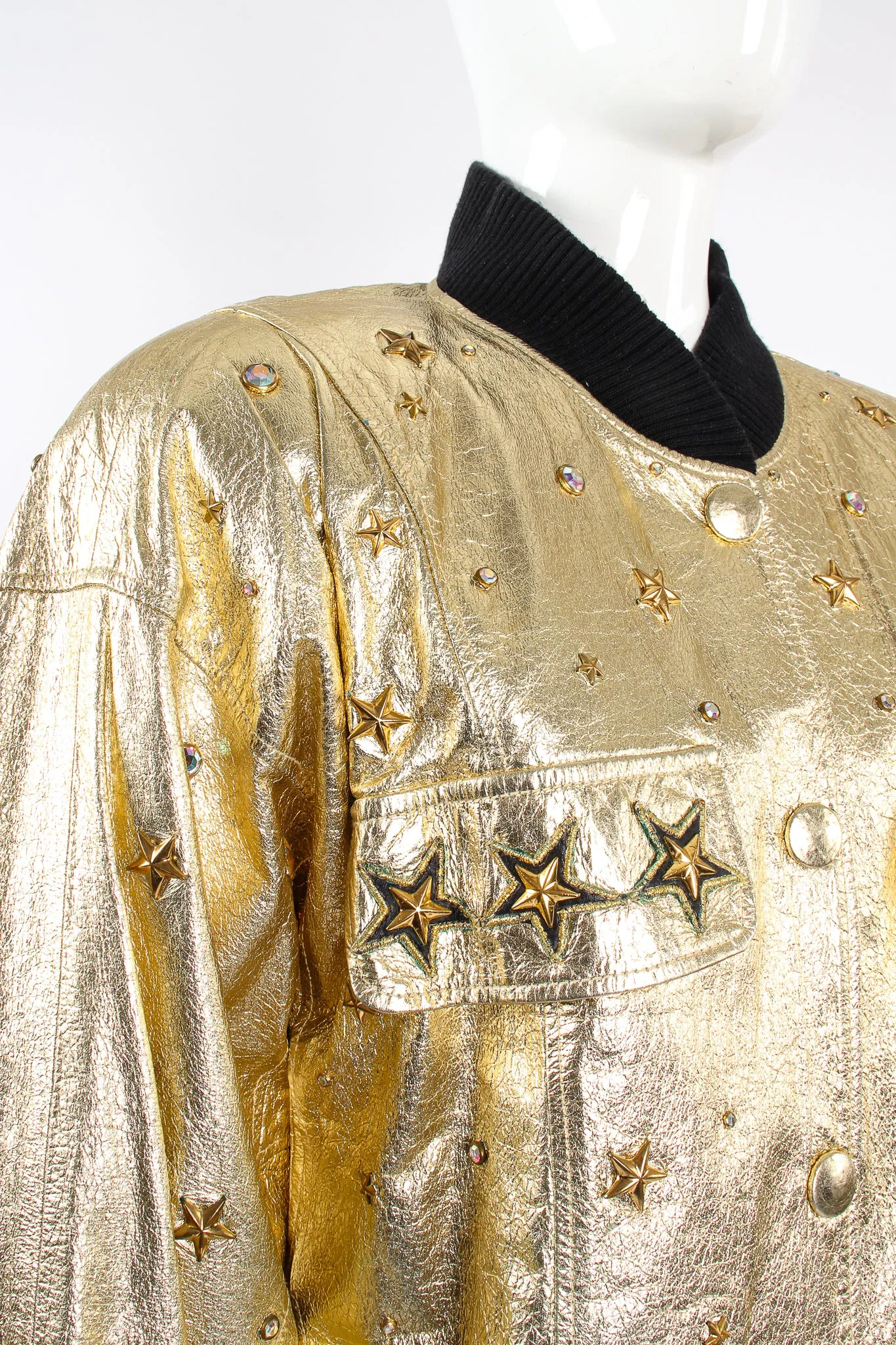 Studded Gold Leather Bomber Jacket
