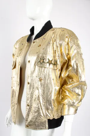 Studded Gold Leather Bomber Jacket