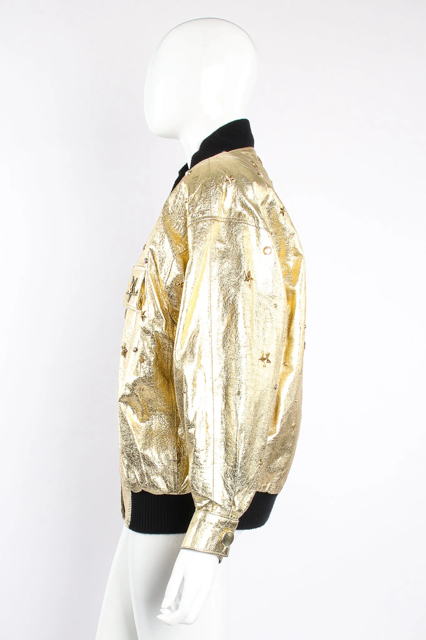 Studded Gold Leather Bomber Jacket
