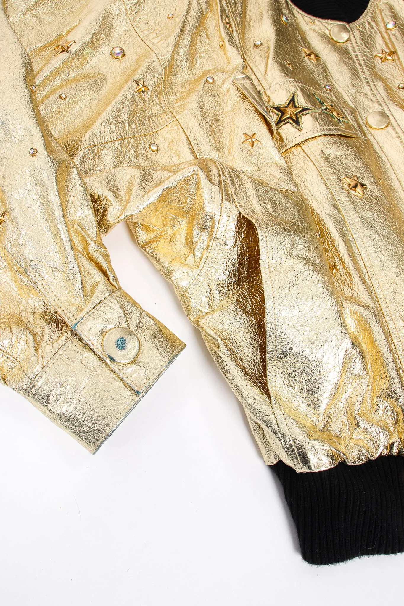 Studded Gold Leather Bomber Jacket