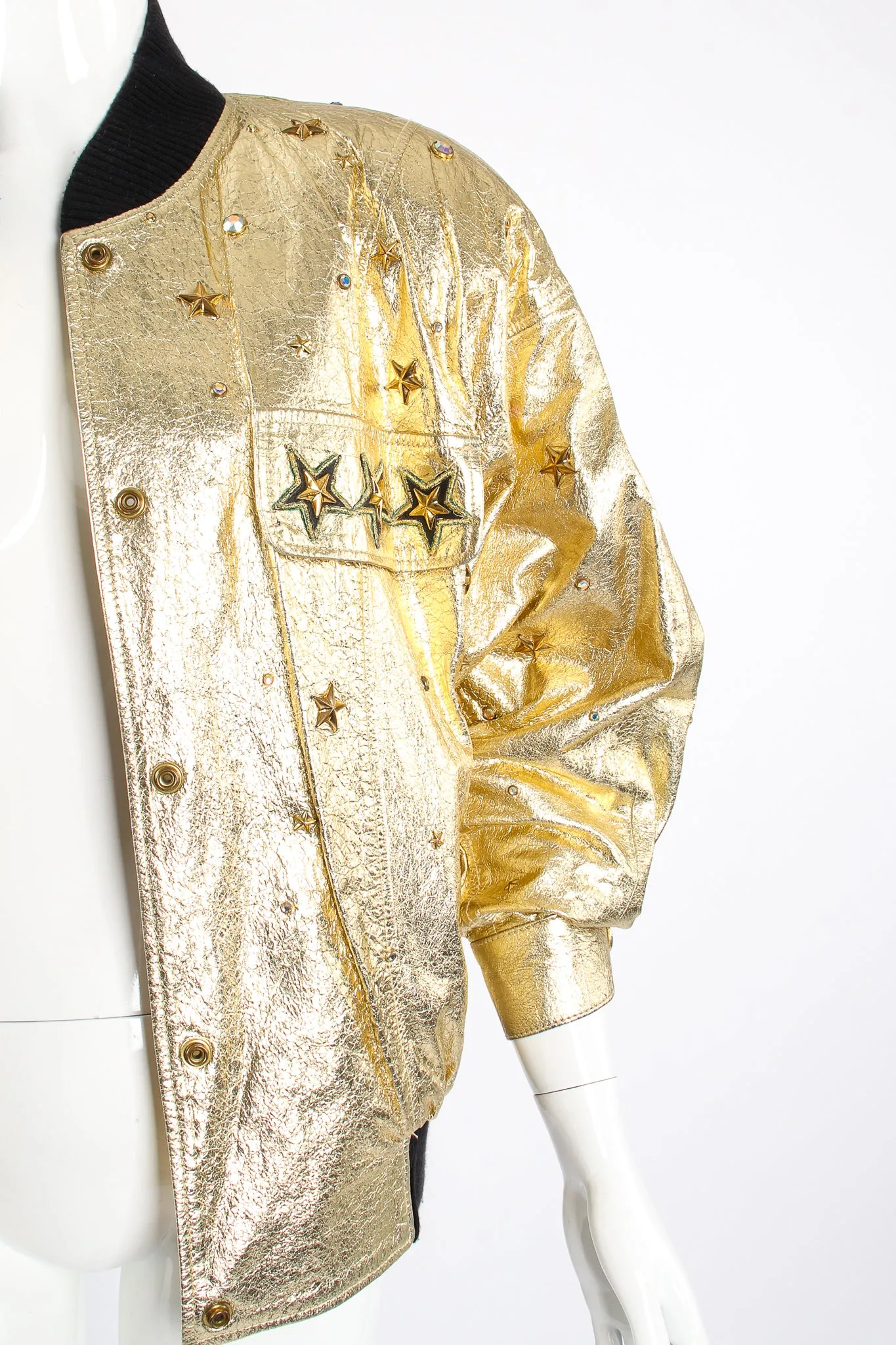 Studded Gold Leather Bomber Jacket