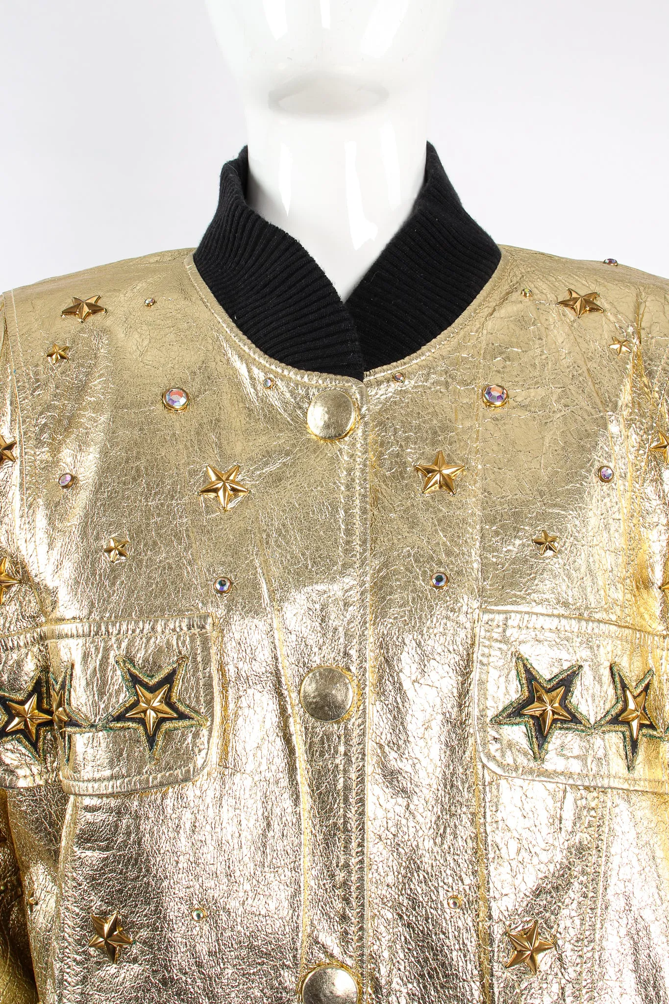 Studded Gold Leather Bomber Jacket