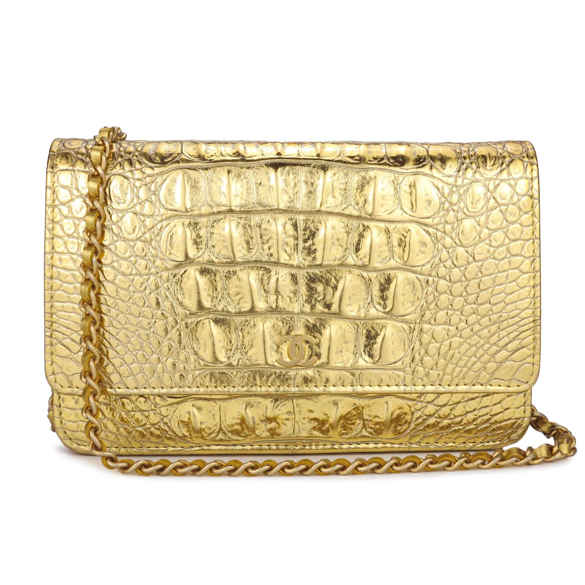 Wallet On Chain WOC in Gold Croc Embossed Calfskin